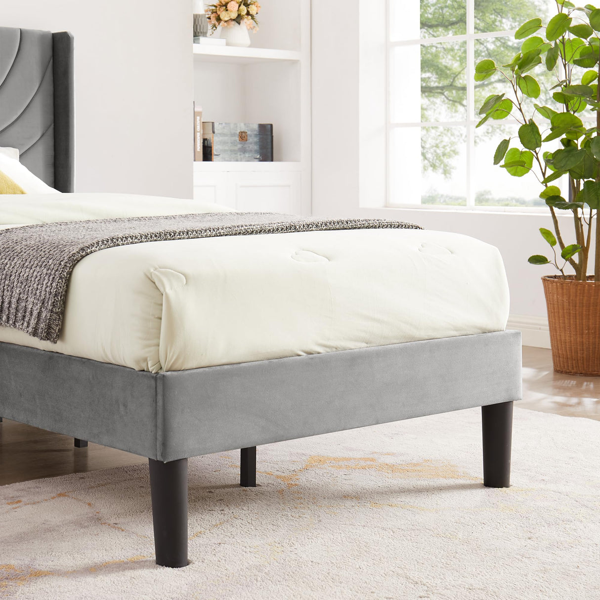 VECELO Twin Size Upholstered Platform Bed Frame with Stylish Fabric Headboard in Dark Grey VECELO