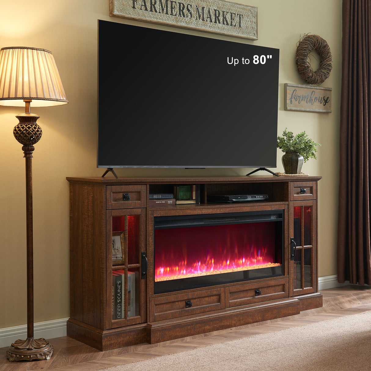 RedLemon Farmhouse Fireplace TV Stand for 80 Inch TV, 36" Tall Entertainment Center with 42" Crystal Eletric Fireplace, Modern Media Console Table with LED Lights for Living Room, Reclaimed Barnwood RedLemon