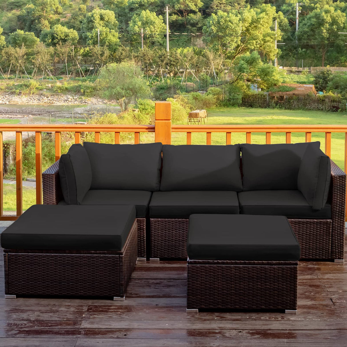 Tangkula 5 Piece Patio Rattan Furniture Set, Outdoor Sectional Rattan Sofa Set with Back & Seat Cushions, Wicker Conversation Set with Tempered Glass Table for Backyard Porch Poolside (Black) Tangkula