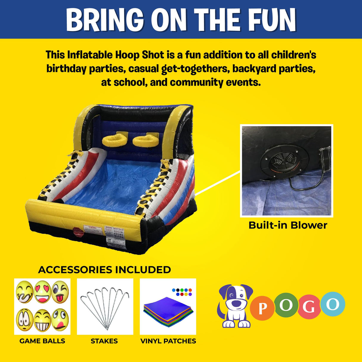 Pogo Bounce House Basketball Hoop Inflatable for Adults and Kids, Mini Hoop Arcade Style Game for Poolside & Outdoor Party, Backyard Toys, (2) Hoops, (2) Balls, Blower, and Stakes, 9' L x 10' W x 8' H Pogo Bounce House