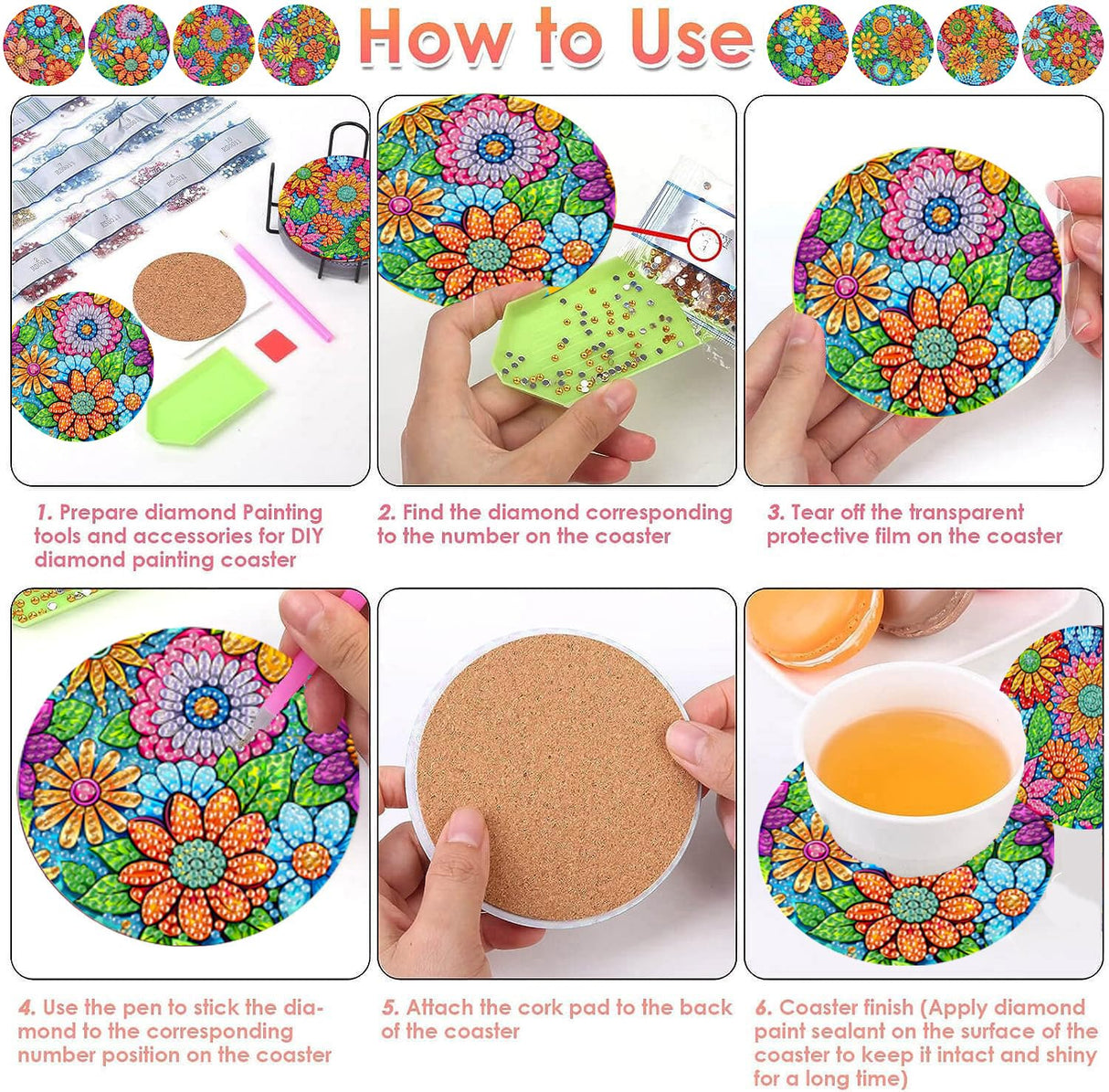 ijbnhd 8 Pcs Flowers Diamond Art Coasters with Holder-DIY Flowers Diamond Painting Coasters 5D Diamond Art Coaster with Cork Pads for Adults for Holiday Gift ijbnhd