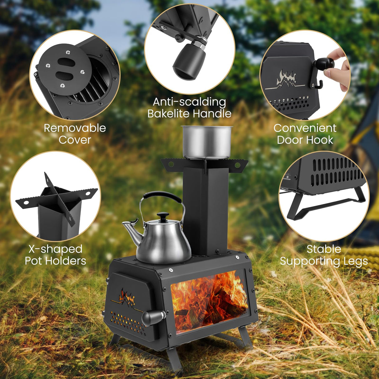 Giantex Portable Camping Wood Stove - Mini Wood Burning Stove w/ 2 Cooking Positions, Anti-scalding Door Handle & Heat Resistant Glass Window, Tabletop Fire Pit Stove for Outdoor Cooking & Heating Giantex