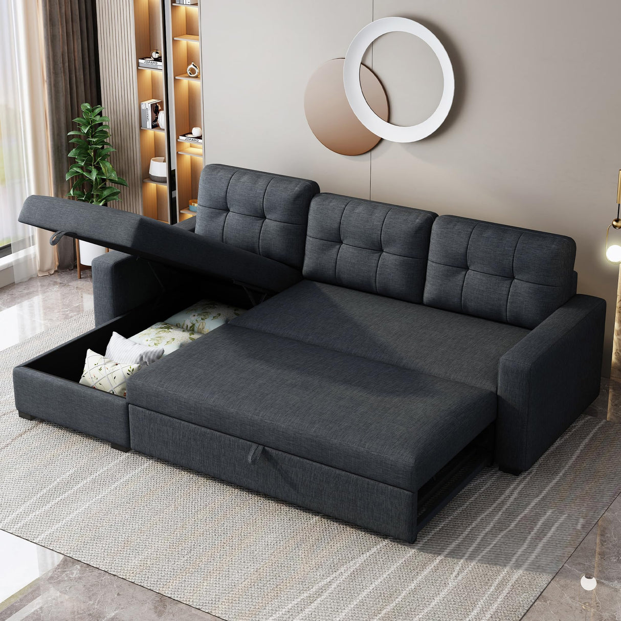 ACQCA 81.5" Sectional Sleeper Sofa with Storage Chaise and Pull-Out Bed,L Shape Convertible Couch with 3 Removable Back Cushions for Living Room,Apartment,Office,Dark Grey ACQCA