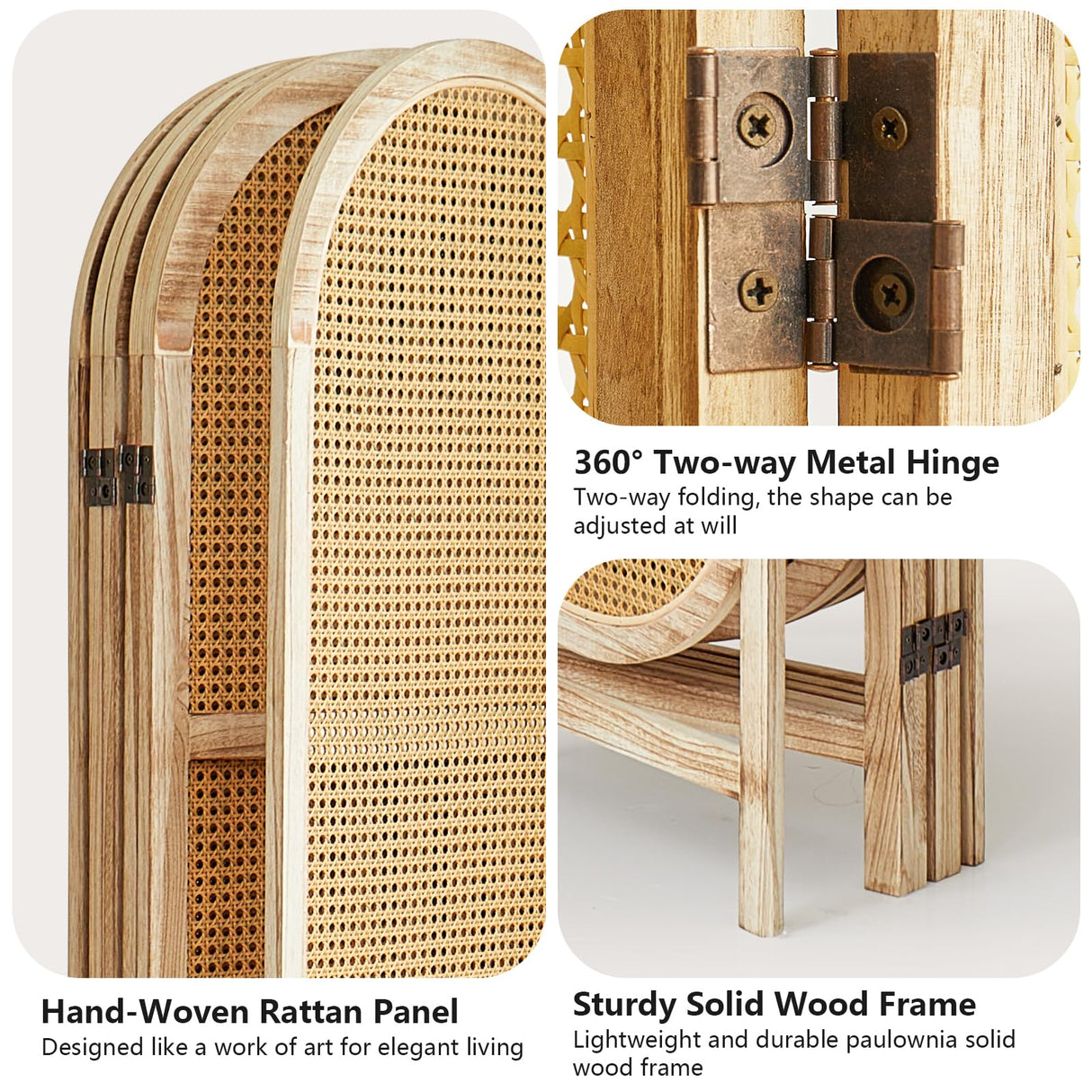 Aletheiawu 6 Panel Room Divider, 5.6 Ft Foldable Wood Room Divider Screen, Hand-Woven Rattan Folding Privacy Screens with Double Hinges, Wall Divider for Room Separation Bedroom Home Office - Natural Aletheiawu