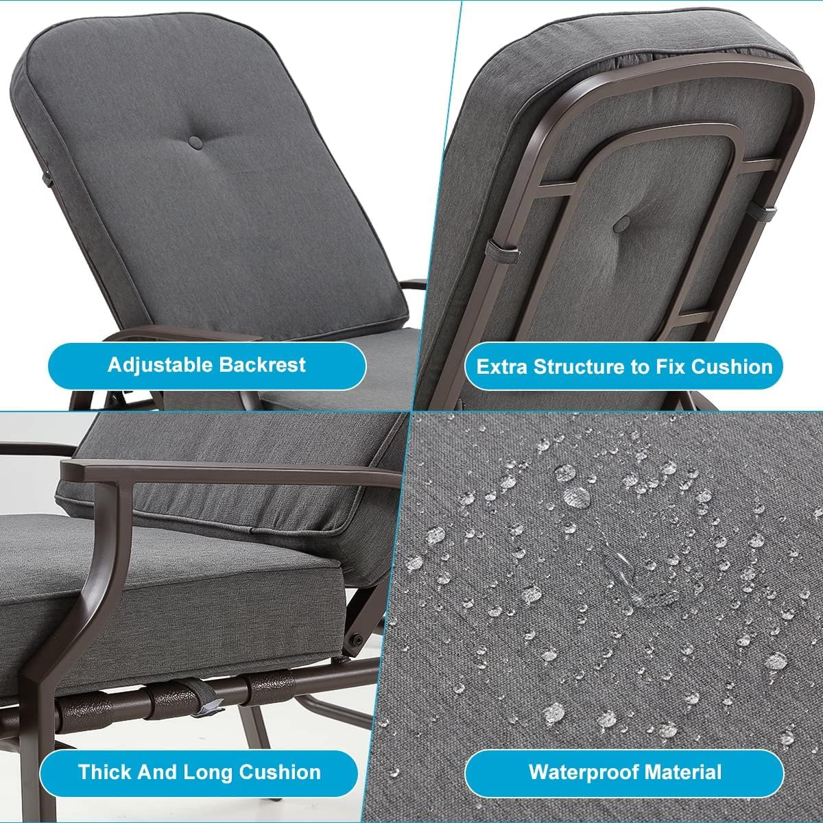 U-MAX Set of 2 Adjustable Outdoor Chaise Lounge Chair Patio Lounge Chair Recliner Furniture with Armrest and Cushion for Deck, Poolside, Backyard (Grey) U-MAX