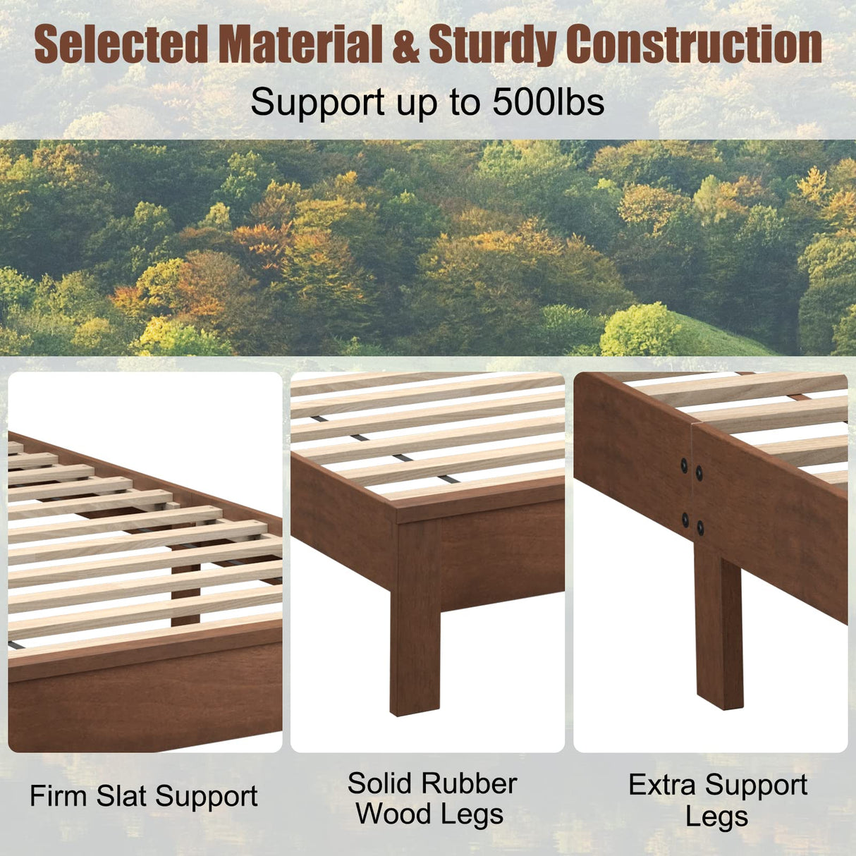 KOMFOTT Twin Size Wood Platform Bed Frame with Headboard, Wooden Mid Century Platform Bed with Slat Support & Under Bed Storage, Mattress Foundation Bed Base, No Box Spring Needed, Walnut KOMFOTT