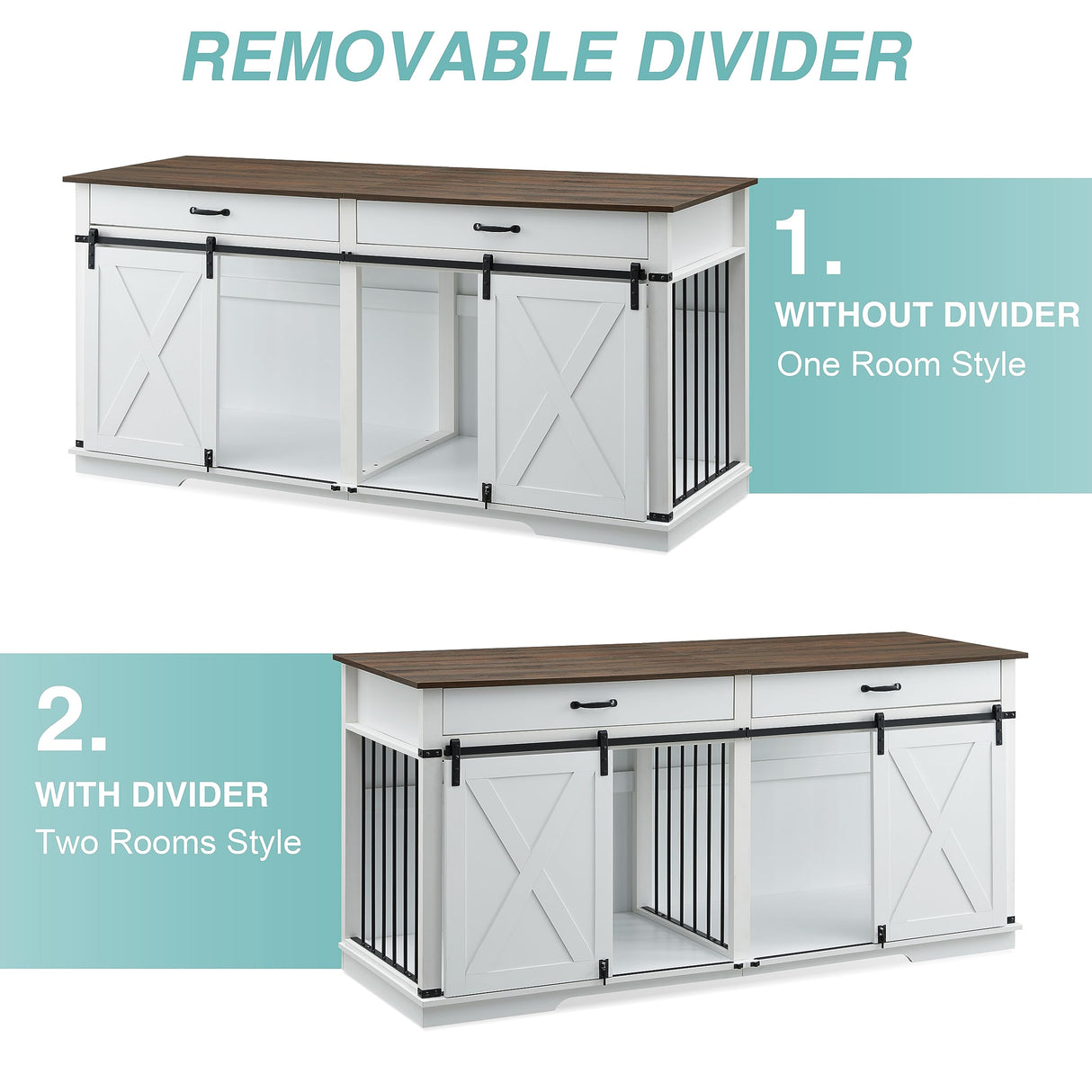 EDYO LIVING 72.5" Large Dog Crate Furniture for 2 Dogs, Wooden Dog Kennel with Drawers, Divider, Sliding Barn Door, Water Resistant Indoor Furniture Style Double Dog Crates, White EDYO LIVING