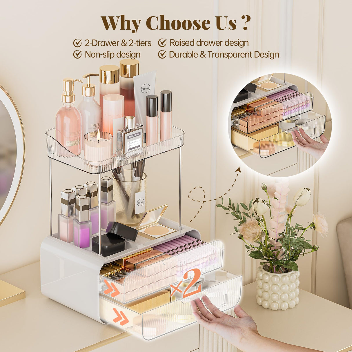 Delamu Bathroom Counter Organizer 2-Drawers 2-Tier Acrylic Makeup Organizer for Vanity Countertop, Skincare Perfume Storage, Easy Assembly, Ideal Gift for Women, Bath Linen Sets, Clear Delamu