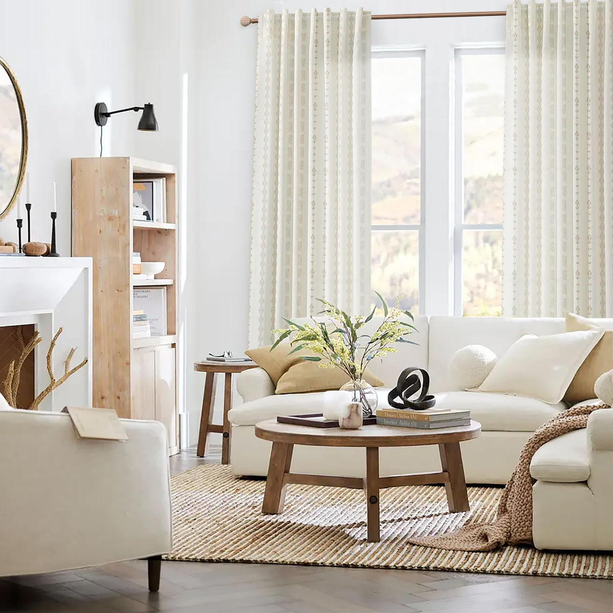 Neutral Farmhouse Curtains for Living Room 84 Inches Long,Taupe Cream Boho Light Filtering Sheer Patterned Modern Beautiful Linen Curtains with Floral Pattern Design Dining Room 84 Length 2 Panels Set Lino Rosa
