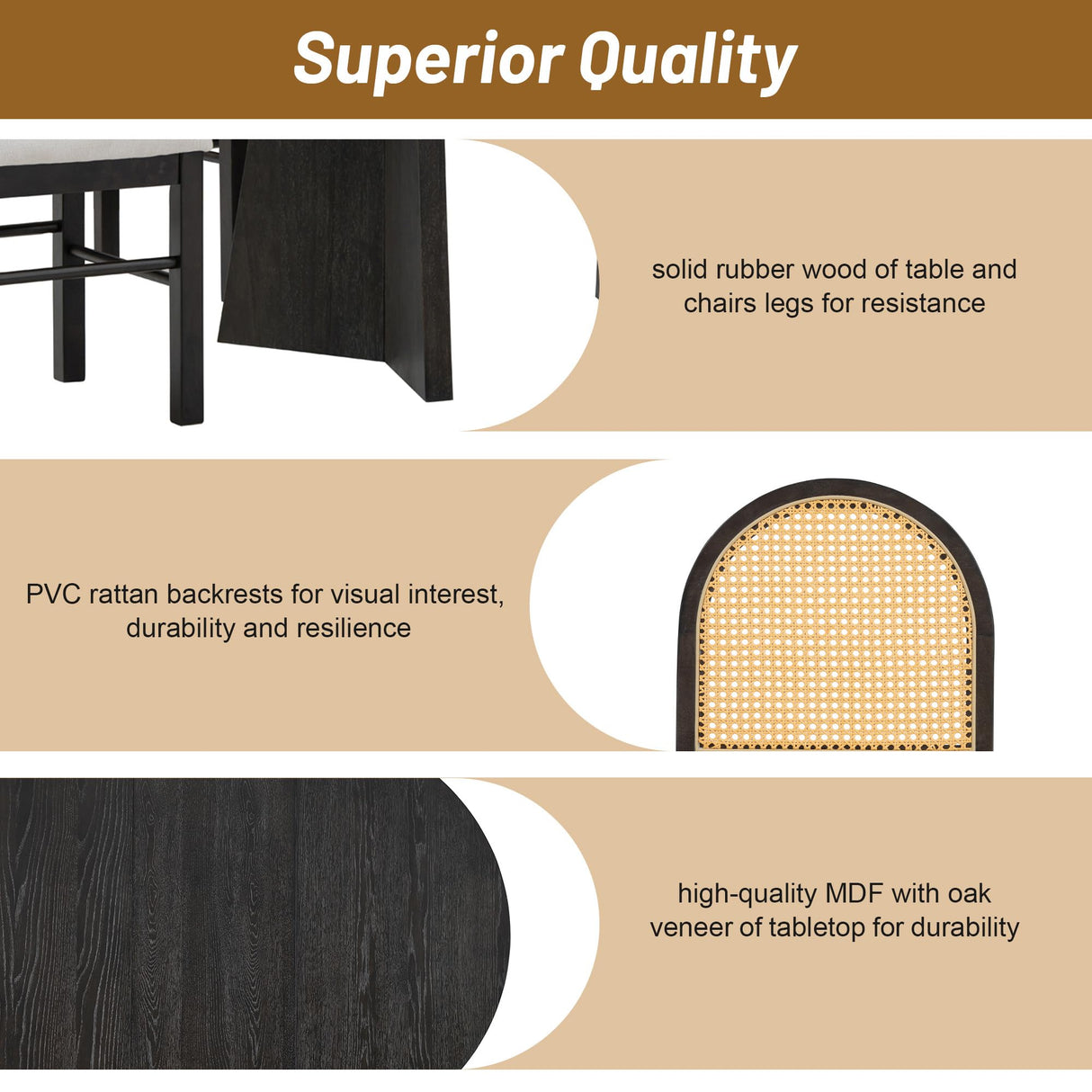 LUMISOL Extendable Dining Table Set for 4, Round Rattan Table and 4 Upholstered Chairs with Rattan Backrests, 5 Piece Dining Table Set for Dining Room Living Room Kitchen (Espresso) LUMISOL