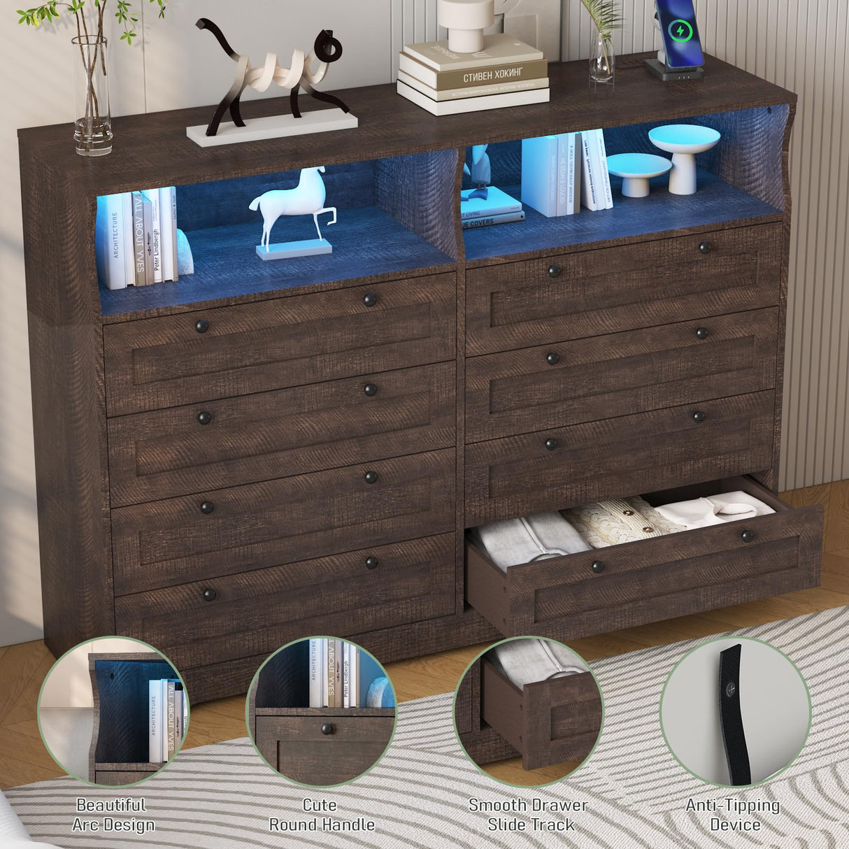 Hipicute 8 Drawers Wooden Dressers for Bedroom Living Room, Hallway, Wood Dressers with Led Lights and Charging Station, 55" Wide Chest of Drawers, Modern Wood TV Stand Dresser for 55" TV (Brown) Hipicute