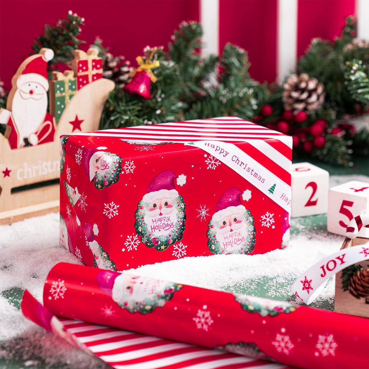 WRAPAHOLIC Reversible Christmas Wrapping Paper - Mini Roll - 17 Inch x 33 Feet - Red Santa Claus and Stripes Design for Christmas, Holiday, Party Celebration WRAPAHOLIC