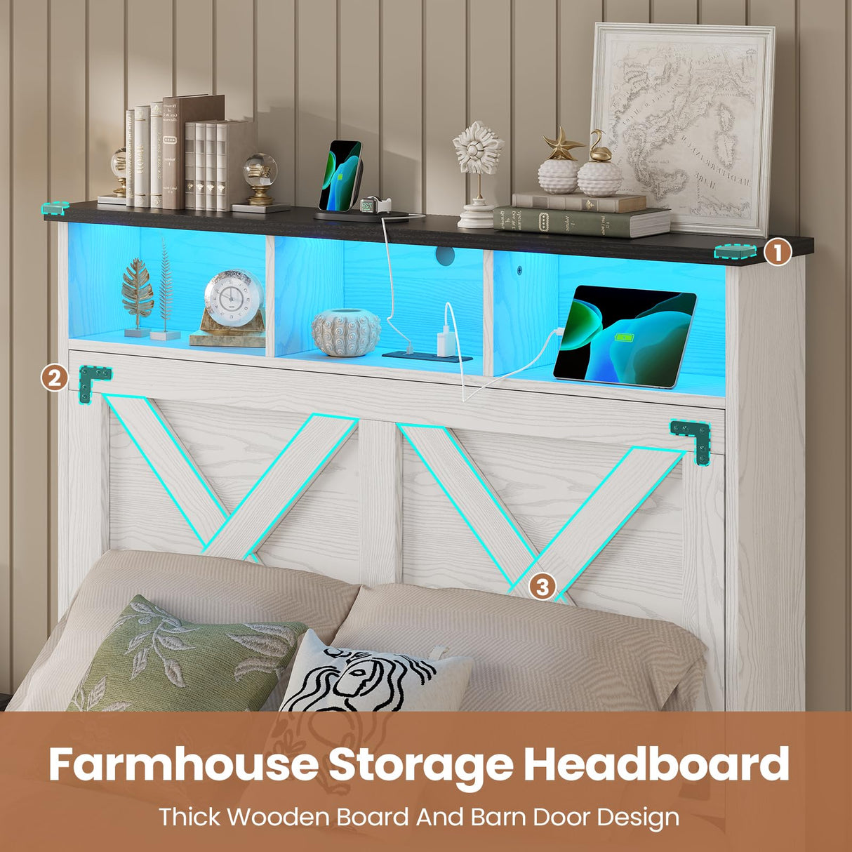 Hasuit Farmhouse Bed Frame Twin Size with Storage Headboard, Charging Station and LED Light, Wooden Twin Bed Frame with Storage Ottoman, Barn Door Design, No Box Spring Needed, No Noise (Walnut White) Hasuit