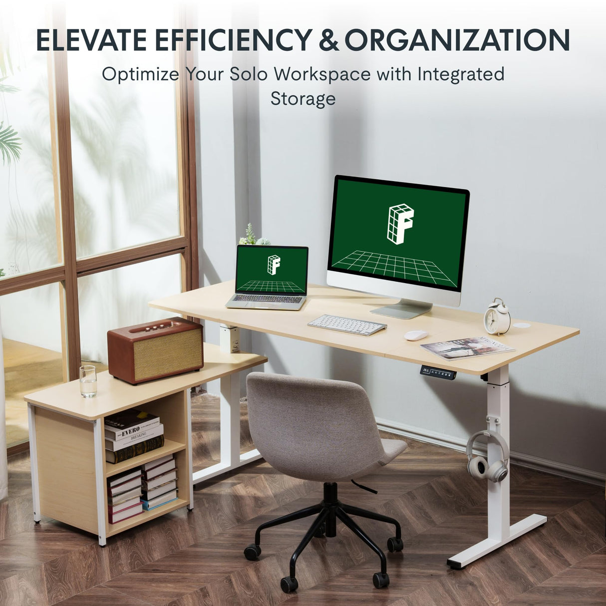 FLEXISPOT 63'' L Shaped Standing Desk with Drawers, Adjustable Height Desk with Shelves, Large Corner Stand Up Desk with Headphone Hooks for Home Office, Light Wood Grain Top+ White Frame FLEXISPOT