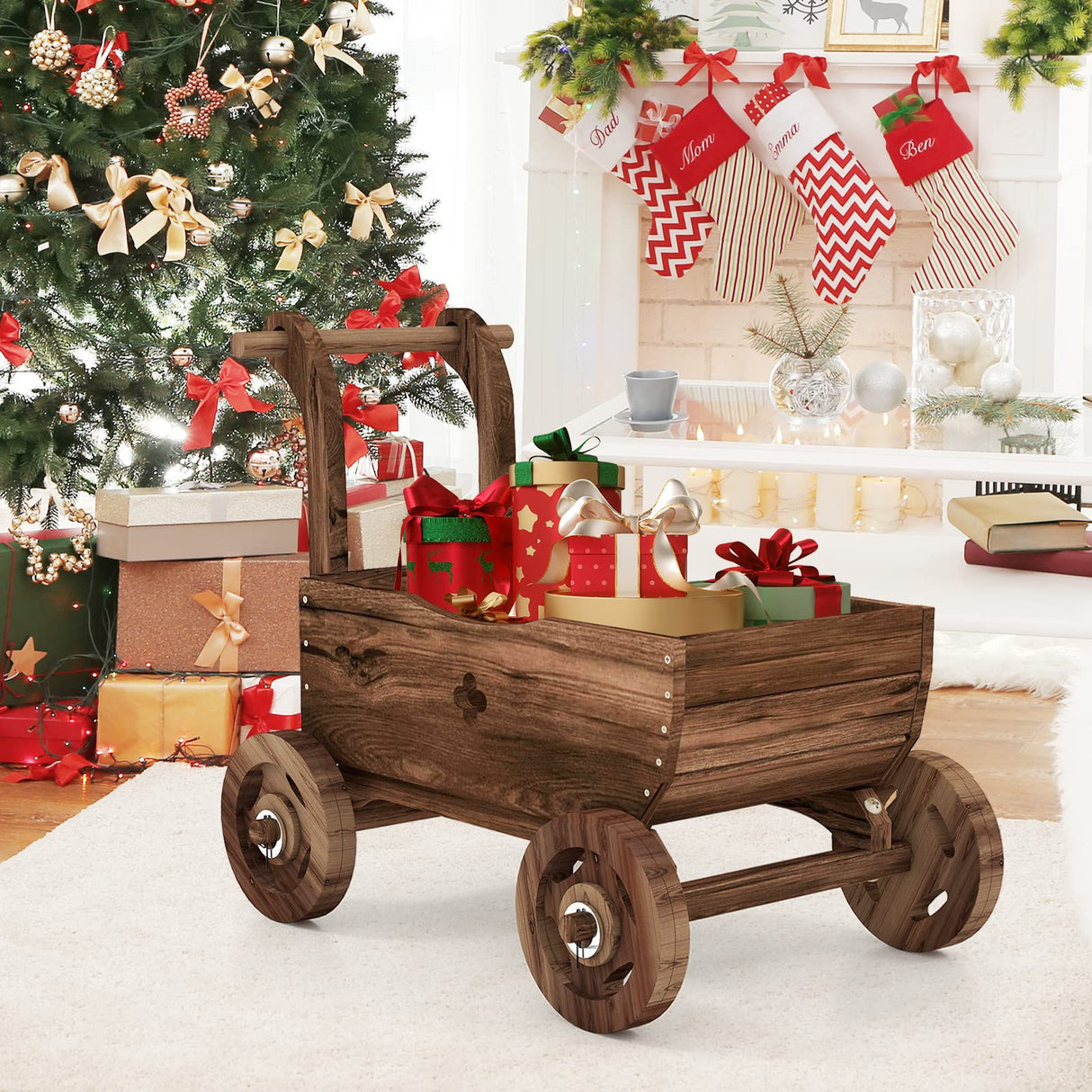 S AFSTAR Wooden Wagon Planter Box, Mobile Garden Planter with 4 Wheels, Handle, Drain Hole, Decorative Flower Planter for Indoor & Outdoor Decor, Wooden Flower Cart for Patio, Garden, Balcony, Brown S AFSTAR