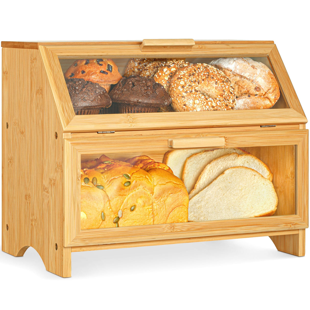 Golden Nature Double Layer Bamboo Bread Box for Kitchen Countertop, Large Wooden Storage Box W/Clear Display Windows, Food Keeper for Muffins, Bagels & Cookies Golden Nature
