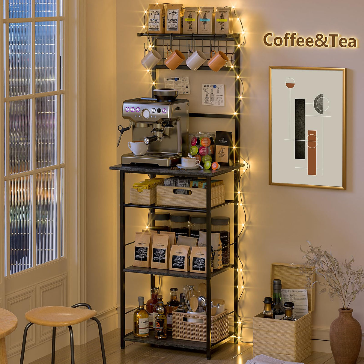 5 Tier Coffee Bar Station, Coffee Stand Station with 4 S-Shaped Hooks, Farmhouse Corner Coffee Bar for Small Spaces, Bakers Rack for Kitchen, Entryway, Living Room, 13.43"D x 18.93"W x 53.31"H,Gray DAOUTIME