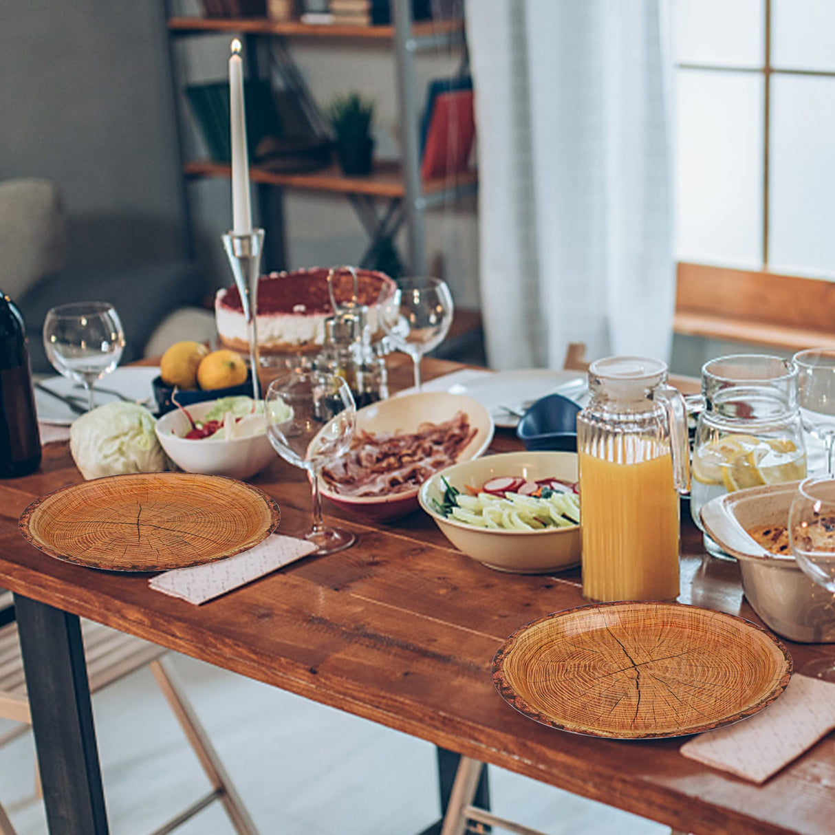 peony man 50 Count Wood Grain Paper Plates 9" Rustic Wood Slice Paper Plates Disposable Party Dinner Plates Farmhouse Round Paper Plate for Dining Table Decor Cut Timber Party Supplies peony man