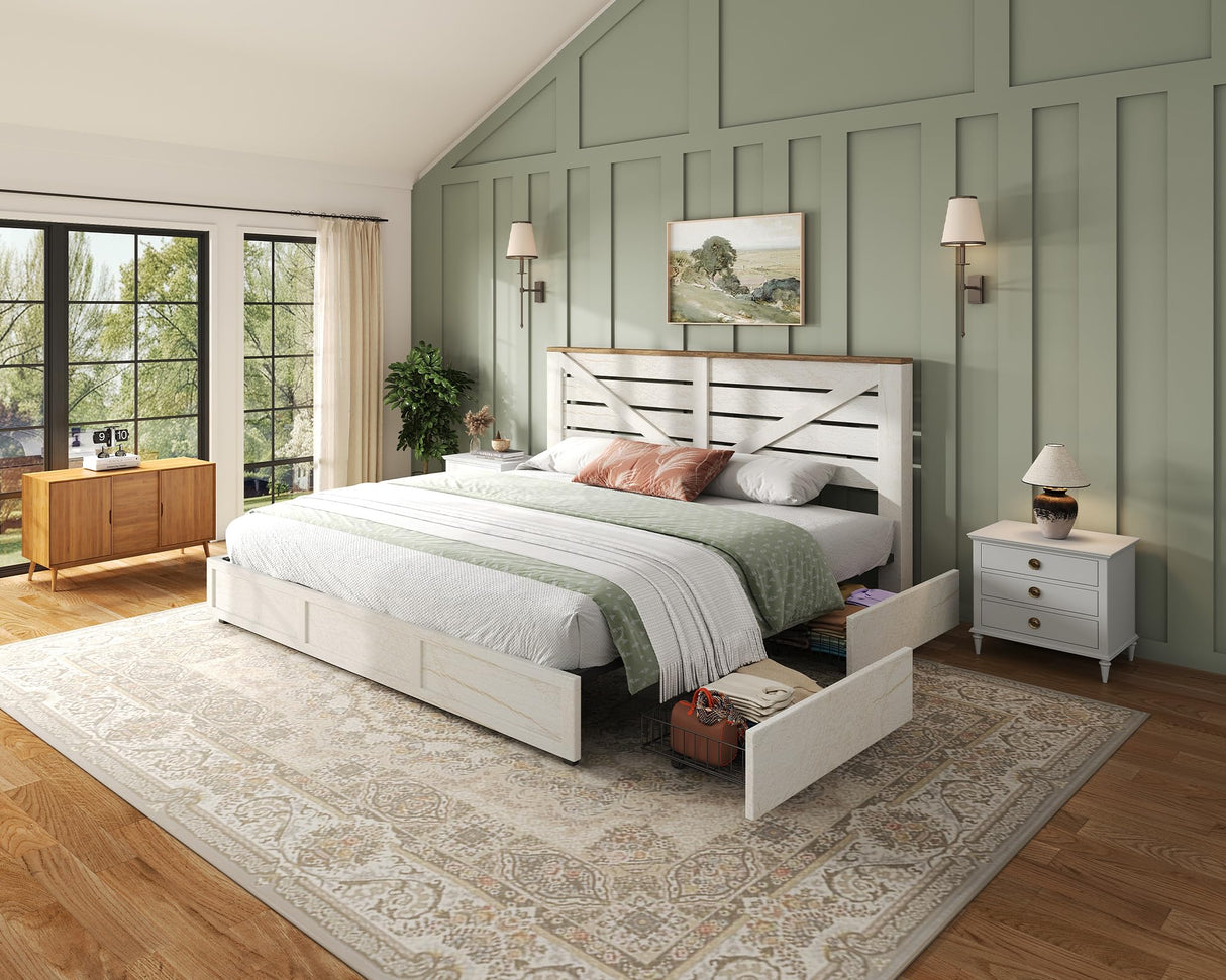 LUXOAK 48.8" H Queen Size Bed Frame with 4 Storage Drawers, Farmhouse Platform Bed with Barn Door Headboard, Rustic Wood Grain, No Box Spring Needed, Rustic White LUXOAK
