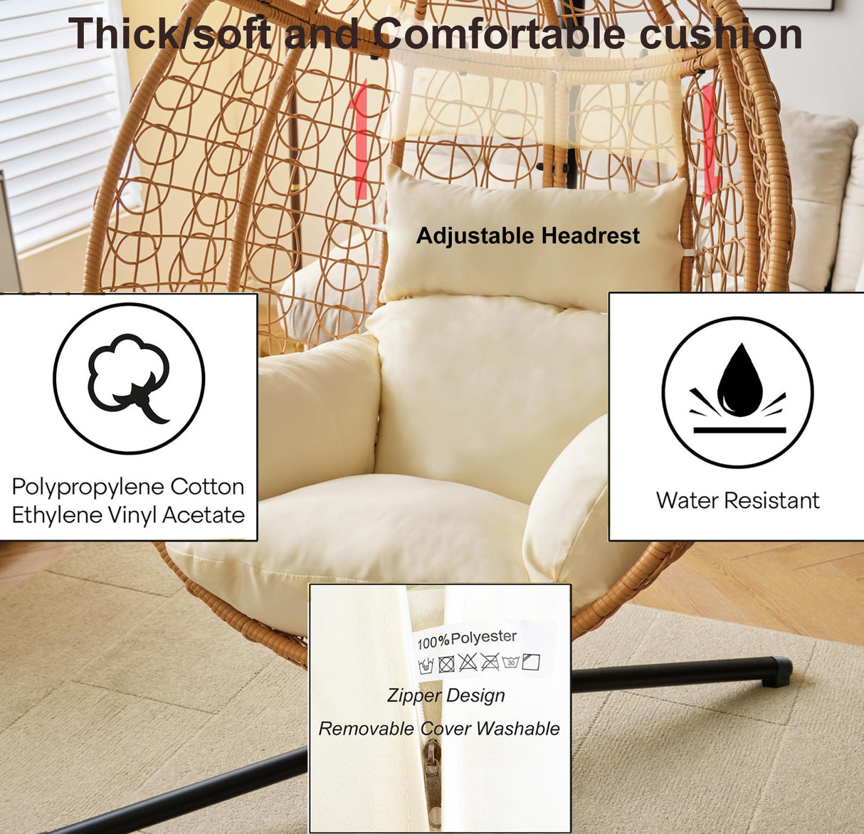 Indoor/Outdoor Hanging Chair/Hammock Chair with Stand, Hanging Swing Egg Chair with Removable & Washable Grey Cushions for Bedroom Living-Room Balcony or Patio Topfuca