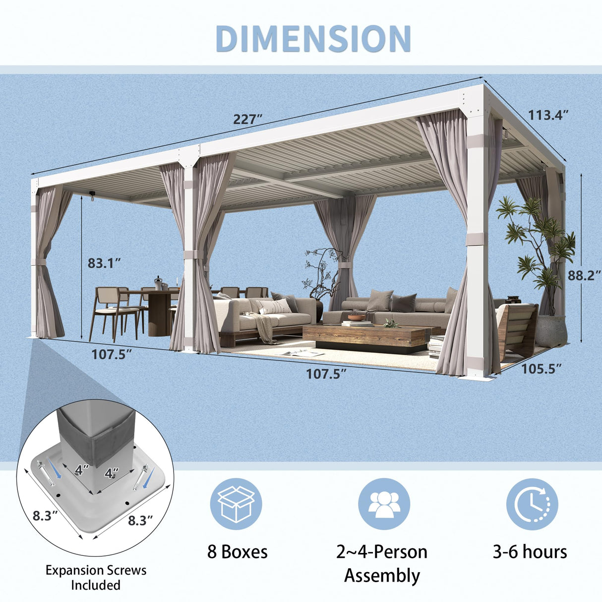 YOLENY Louvered Pergola 10x20, Aluminum Gazebo with Adjustable Waterproof Roof, Curtains and Netting Included, Deck and Backyard, White YOLENY