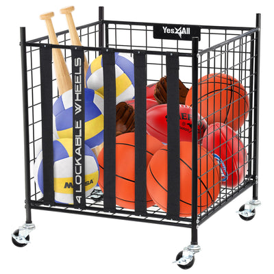 YES4ALL Rolling Ball Cart Storage with Lockable Wheels Volleyball Basketball Holder, Toy Balls Bin, Garage Cage, Storage Racks, Sports Equipment Organizer, Ball Rack for Outdoor Indoor Use