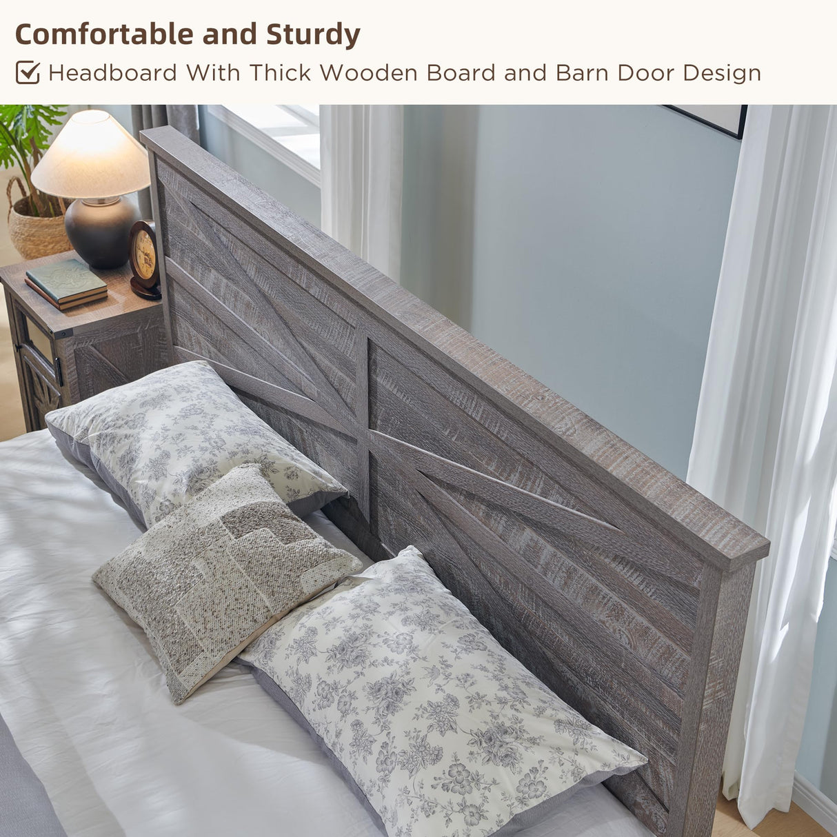 JXQTLINGMU King Farmhouse Wood Bed Frame with Sliding Barn Door Storage Cabinets, Solid Wood Slats Support, Noiseless, No Box Spring Needed, Grey JXQTLINGMU