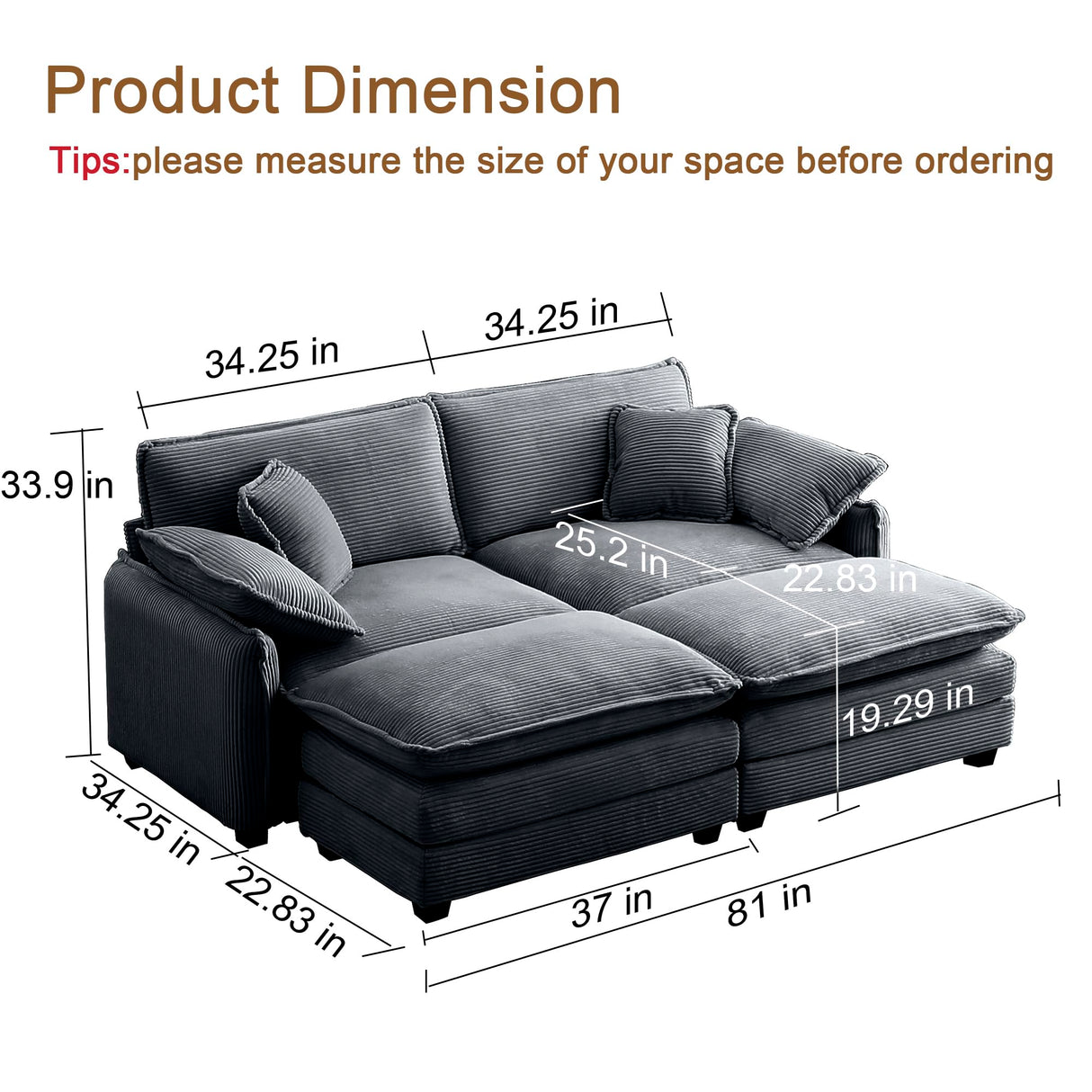 Qupeife Modular Sectional Sofa with 2 Ottoman, Cloud Couch Sectional 4 Seat Sofa, Small Sectional Couch for Living Room (Grey, Loveseat with 2 Ottomans) Qupeife