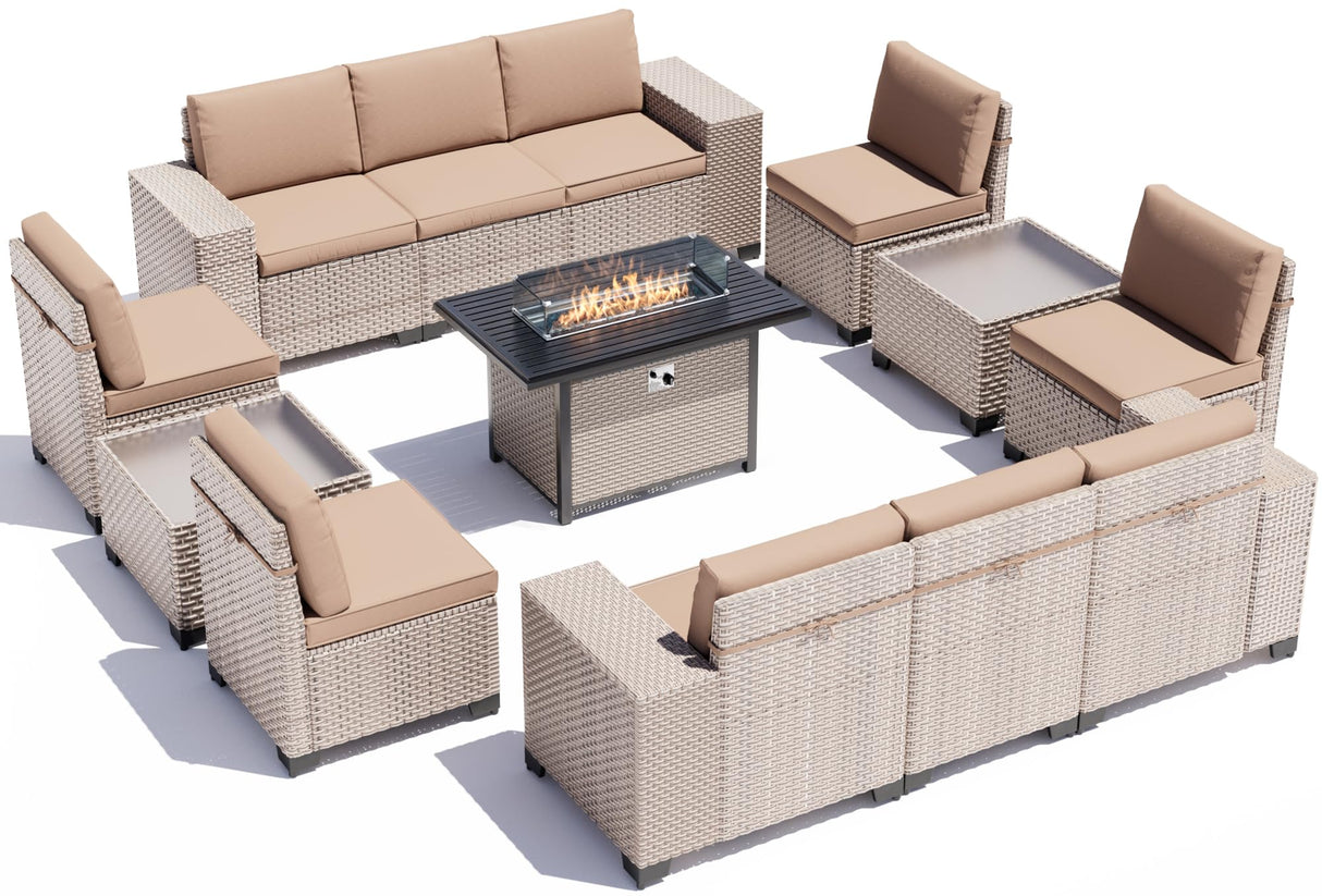 Aukreolis 13 Pieces Patio Furniture Set with Fire Pit Table, Outdoor Sectional Wicker Sofa with Thickened Cushions and Coffee Table, High Back Rattan Patio Conversation Sets, Khaki Aukreolis
