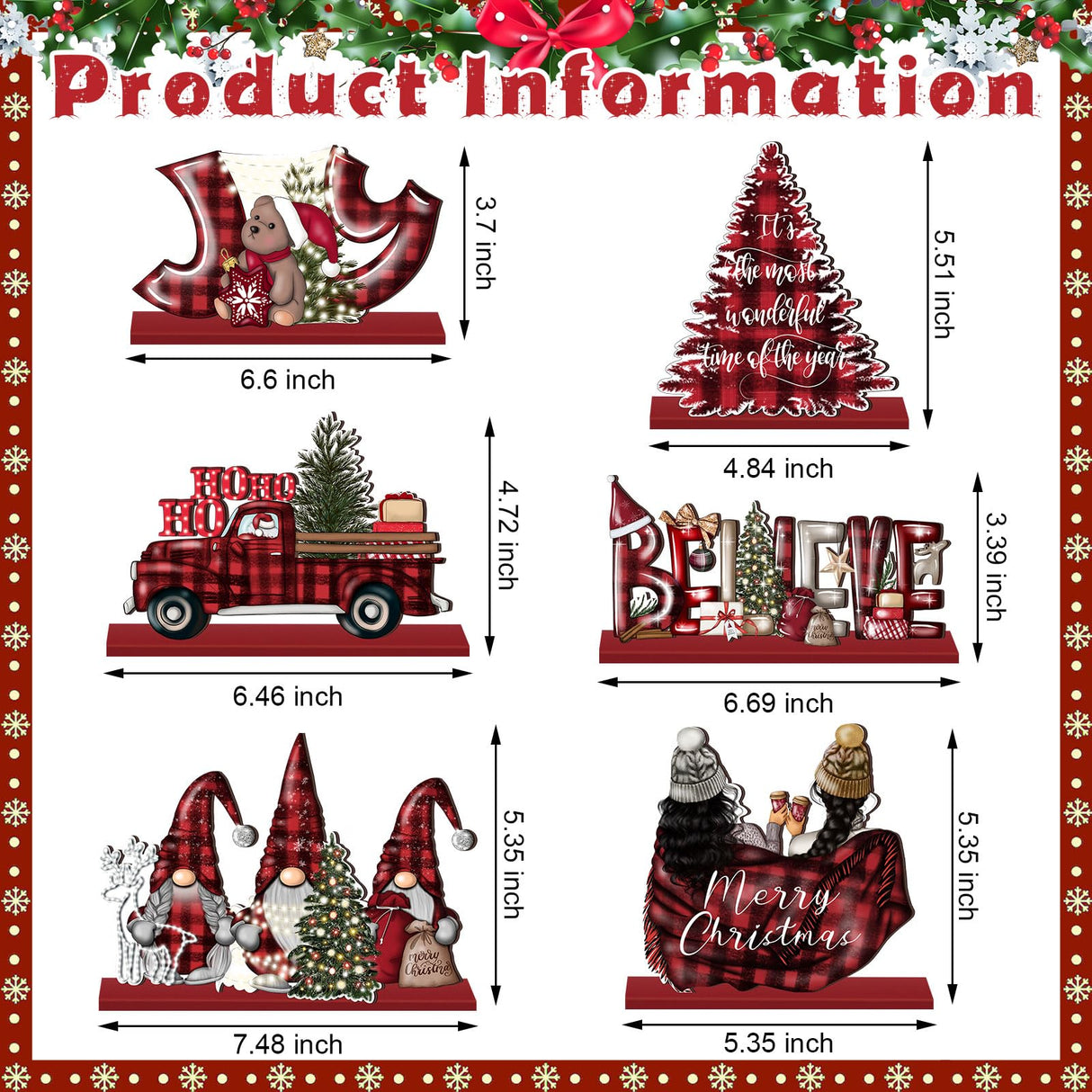 CroBlissful 6 Pcs Christmas Table Decorations Winter Centerpiece Buffalo Plaid Red Black Gnome Signs Farmhouse Wooden Table Top Signs Rustic Christmas Decor for Office Desk Indoor Tiered Tray Decor CroBlissful