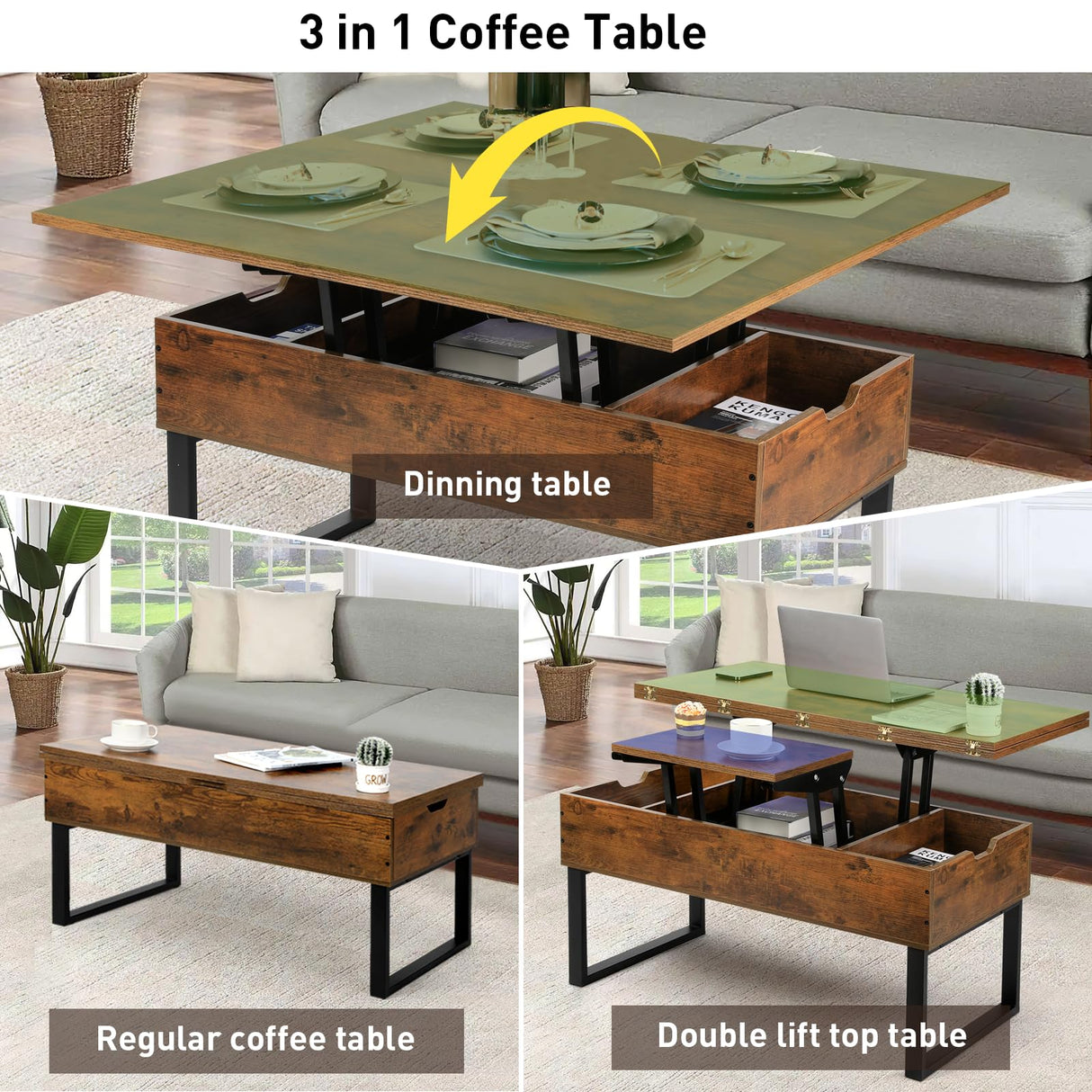 SMOOL Lift Top Coffee Table, 3 in 1 Multi-Function with Hidden Compartment for Living Room, Modern Lift Coffee Table Converts to Dining Table for Reception, Rustic Brown SMOOL