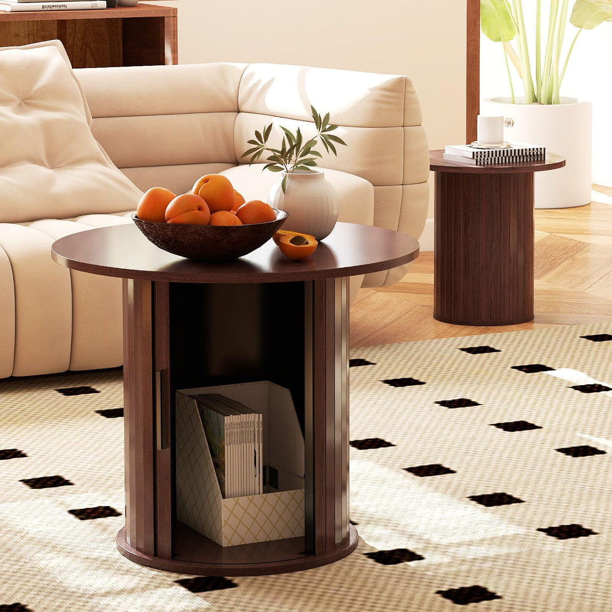 COSVALVE Nesting Coffee Table Set of 2 with Hidden Storage & Sliding Door, 23.6“ Circle Wood Coffee Table, Farmhouse Side & End Table Sets for Living Room, Small Spaces, Walnut COSVALVE