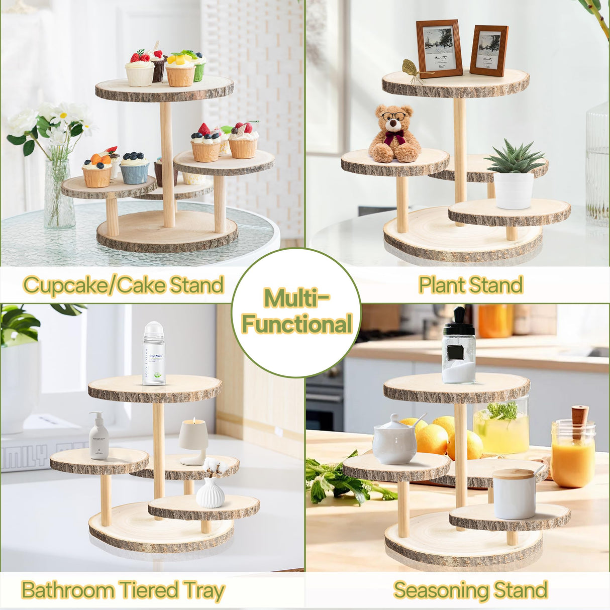 GENMOUS 4 Tiered Round Cake and Cupcake Stand Combo for Birthday Party Decor, Rustic Wooden Cupcake Tower Stands for 50 Cupcakes, Farmhouse Cupcake Tier Stand Display for Wedding Baby Shower Tea Party GENMOUS & CO.