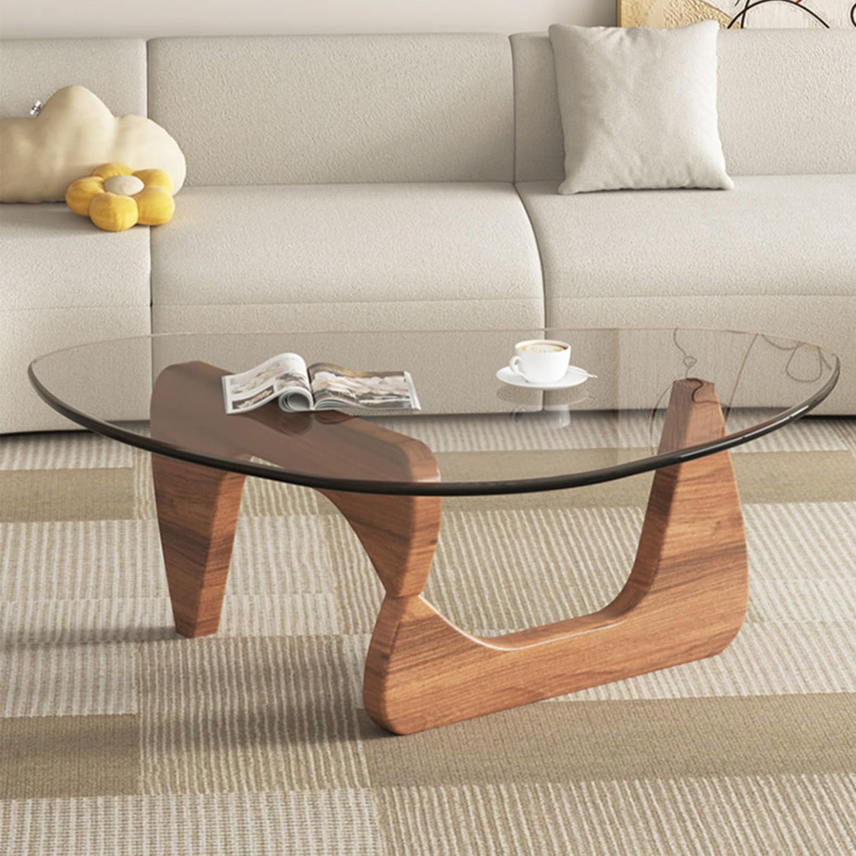 EASYSOUL Modern Glass Coffee Table, 32.68" D x 22.44" W x 15.75" H, Abstract Round Tea Tables for Living Room Home Office Industrial Cocktail Tables (Walnut-Clear Glass, 32.68") EASYSOUL