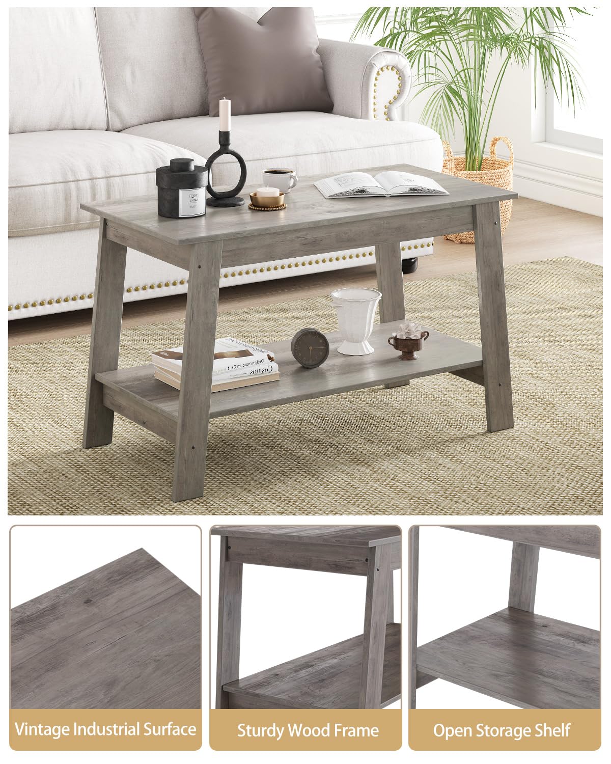 Coffee Table, Coffee Table for Living Room, Modern Farmhouse Coffee Table with Storage Shelf, 2-Tier Living Room Table Rectangular Center Table, Home Office Industrial Cocktail Tables, Grey Garvee