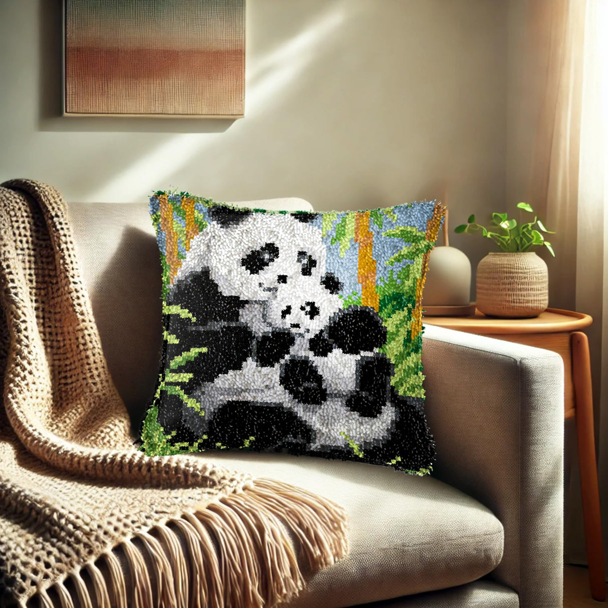 GemJelry Latch Hook Kits for Adults Kids DIY Animal Panda Pillow Cover Beginner Cross Stitch Kits with Preprinted Canvas Crochet Yarn Embroidery Hooking Kit Sofa Home Decor 17'' X 17'' GemJelry