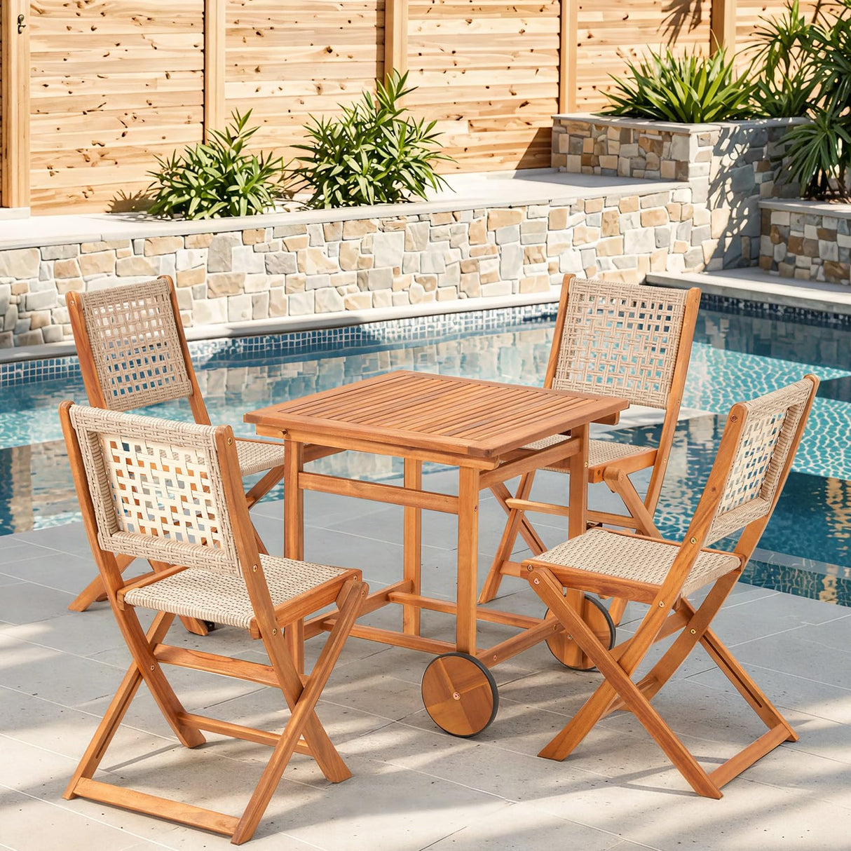JFHID 5 Piece Outdoor Patio Dining Set, Acacia Wood Outdoor Table and Chairs with Wheels, Farmhouse Style Portable Dining Set for Backyard, Deck & Poolside JFHID