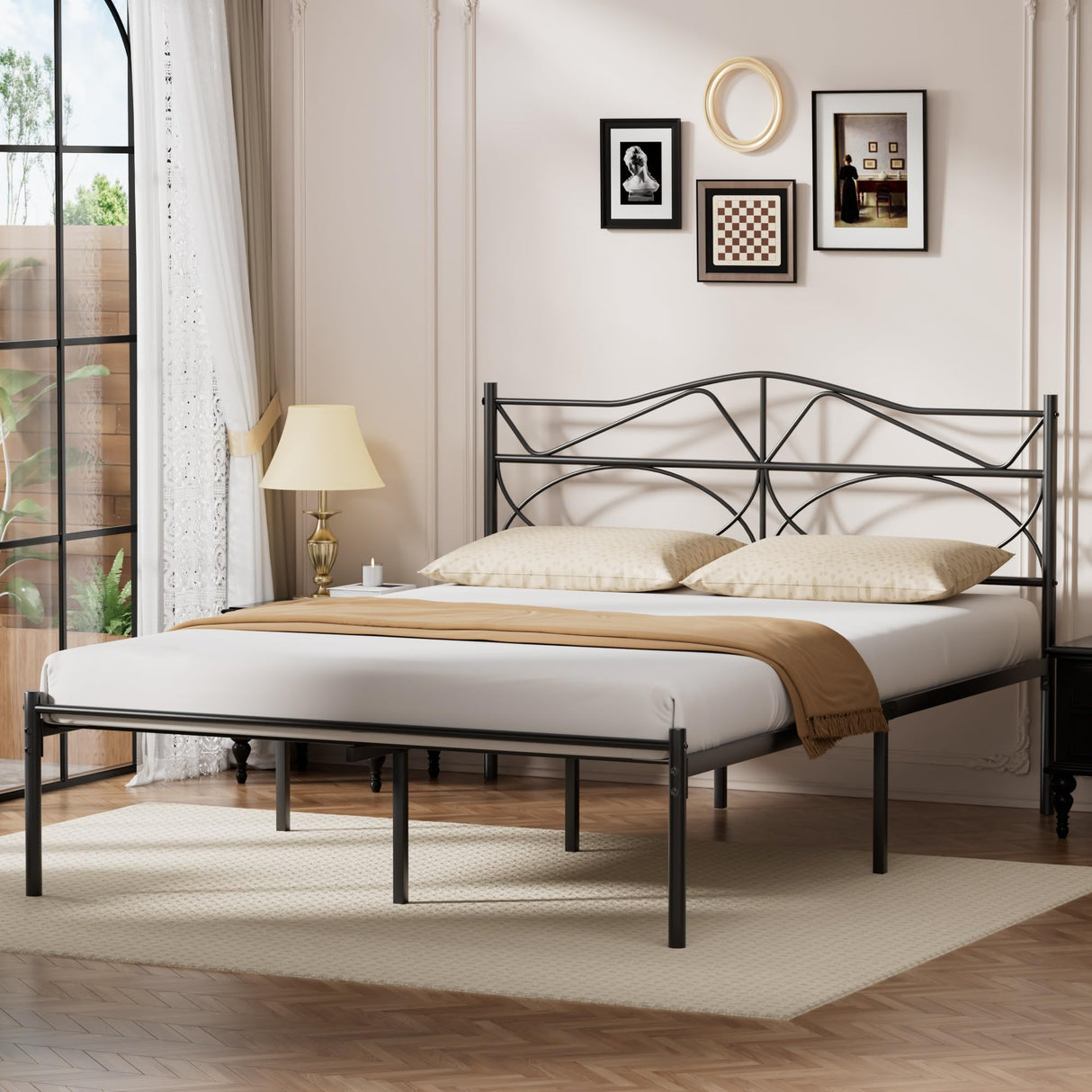 VECELO Queen Size Bed Frame, Metal Bed Platform with Headboard, Sturdy Steel Slats Support, No Box Spring Needed/Noise-Free,Easy Assembly, Black VECELO