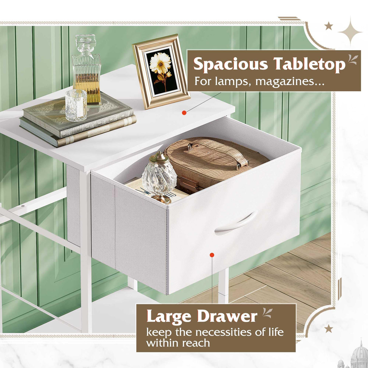 WLIVE White Nightstand, Night Stand with Fabric Storage Drawer and Open Wood Shelf, Small End Side Table, Bedside Table for Bedroom, Dorm, Easy Assembly, 25.03" Height WLIVE