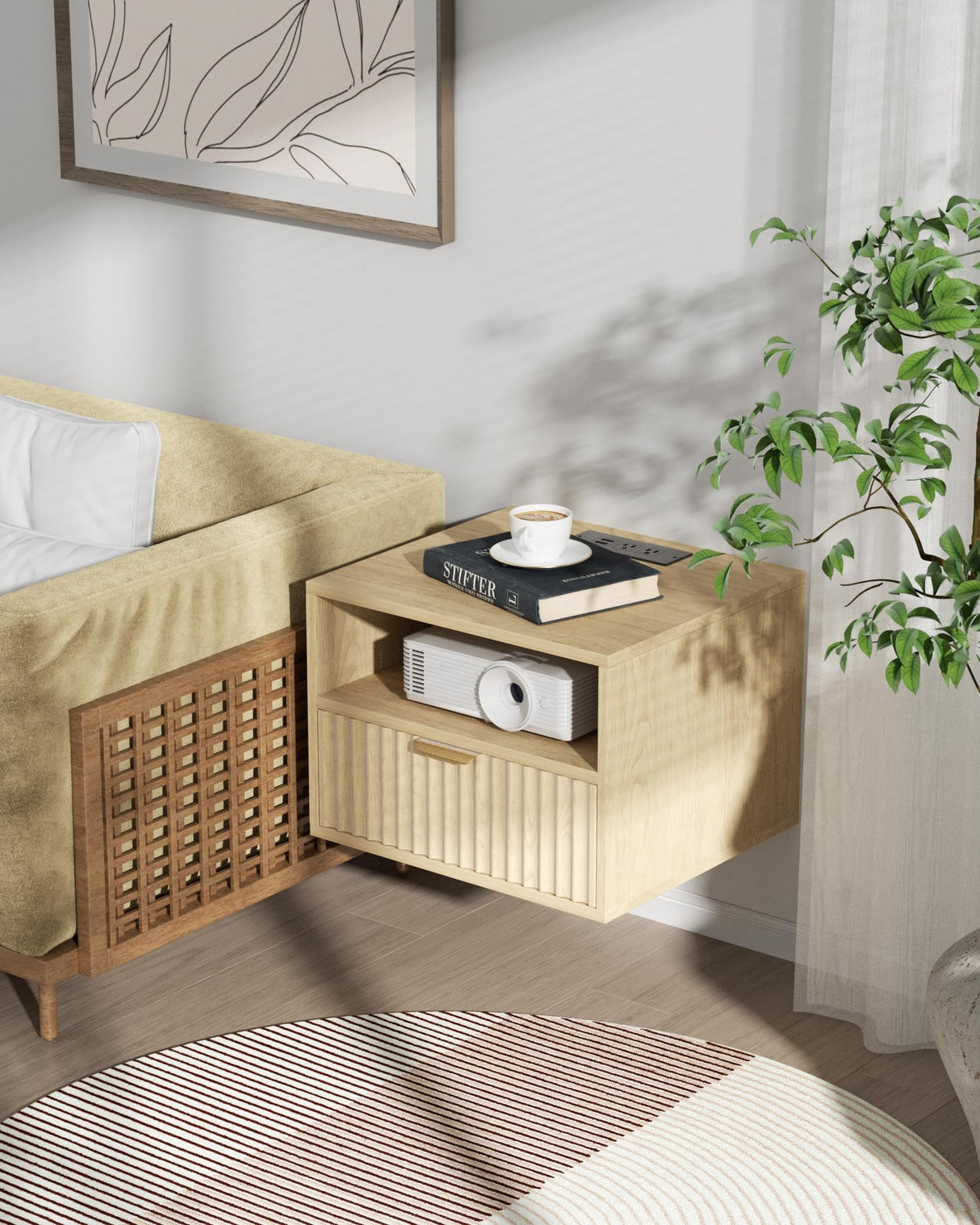 Floating Nightstand Set of 2 - Fluted Night Stand with Charging Station Wood Wall Mounted Nightstand with Drawer & Open Shelf, Modern Bedside Table Large End Table for Bedroom Closet DEMEGA