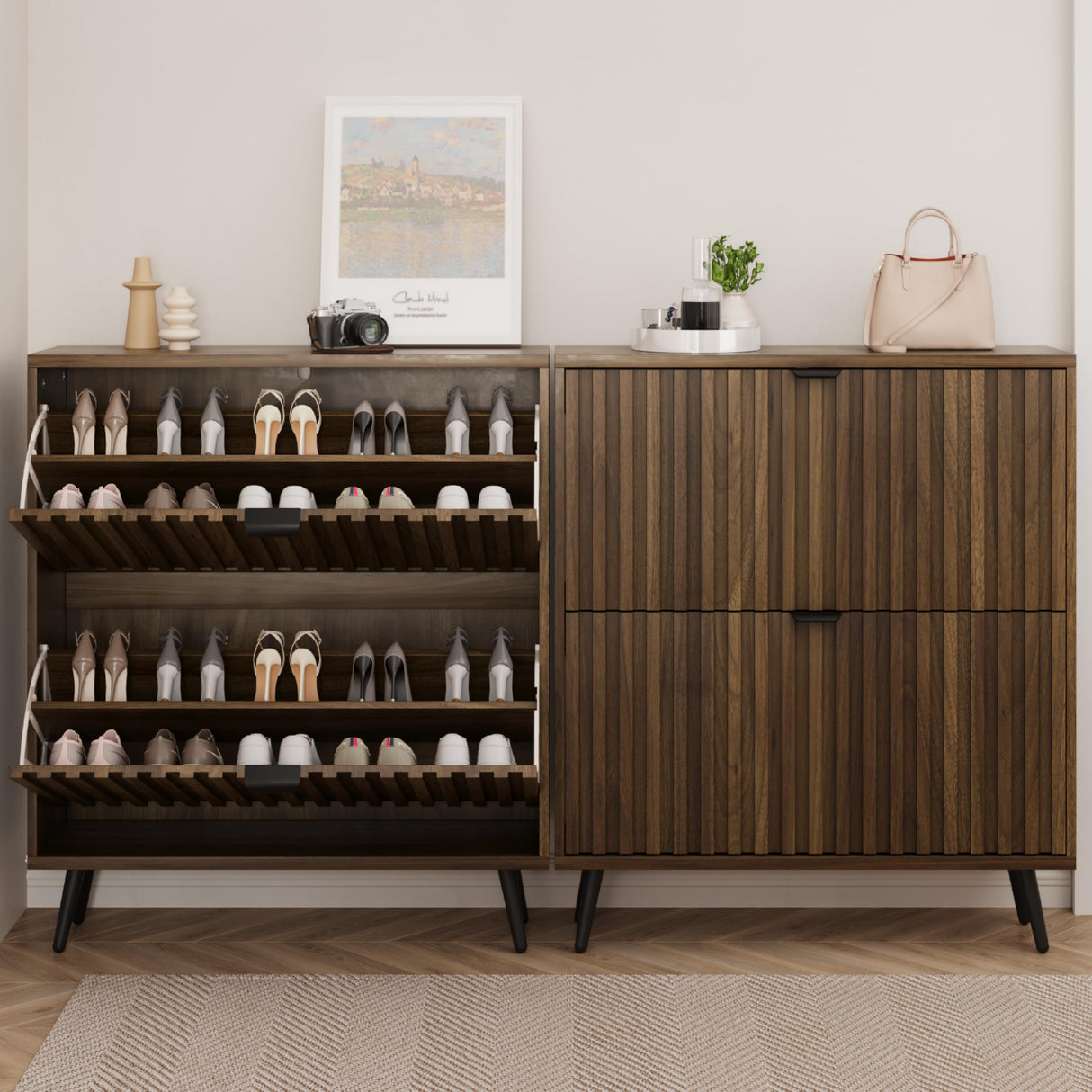 Smuxee Shoe Cabinet with 2 Flip Drawers, 31.5" Walnut Hidden Shoe Storage Cabinet with Fluted Design, Freestanding Shoe Organizer Cabinet for Entryway, Hallway, Closet, Living Room Smuxee