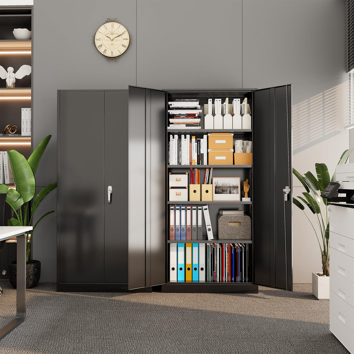 Metal Storage Cabinet with Lock, 71" Tall Black Garage Cabinet with 2 Doors & 4 Adjustable Shelves, Lockable Steel File Cabinet for Home Office, Garage, School, Gym Pataku