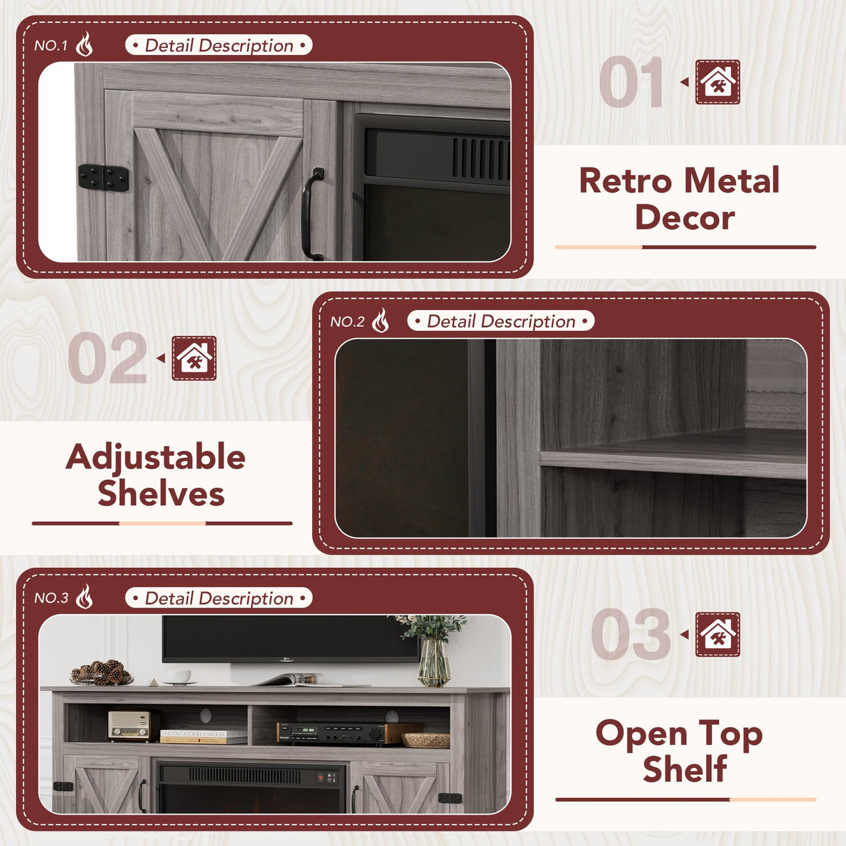 JUMMICO Fireplace TV Stand for TVs Up to 65+ Inch Entertainment Center with Open Storage Shelves and Side Cabinets, Media Console Table with Barn Doors for Living Room (Grey) JUMMICO