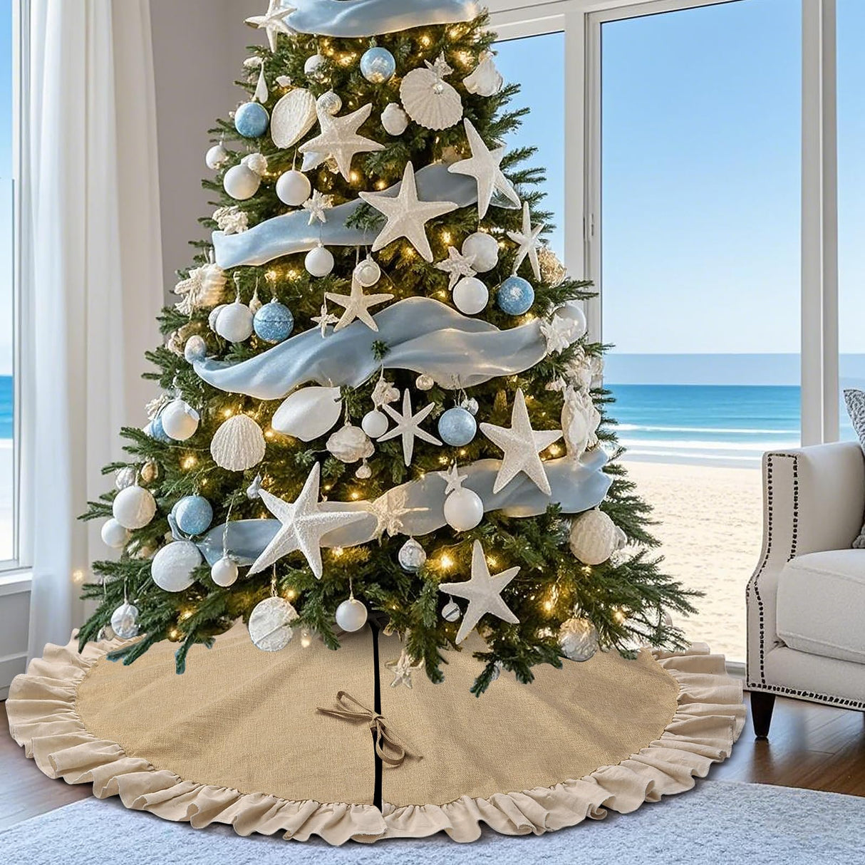 yuboo 48" Burlap Fall Christmas Tree Skirt with Ruffle Border, Beach Farmhouse Tree Skirt Linen Rustic Tree Ornaments for Christmas Holiday Party Decorations yuboo