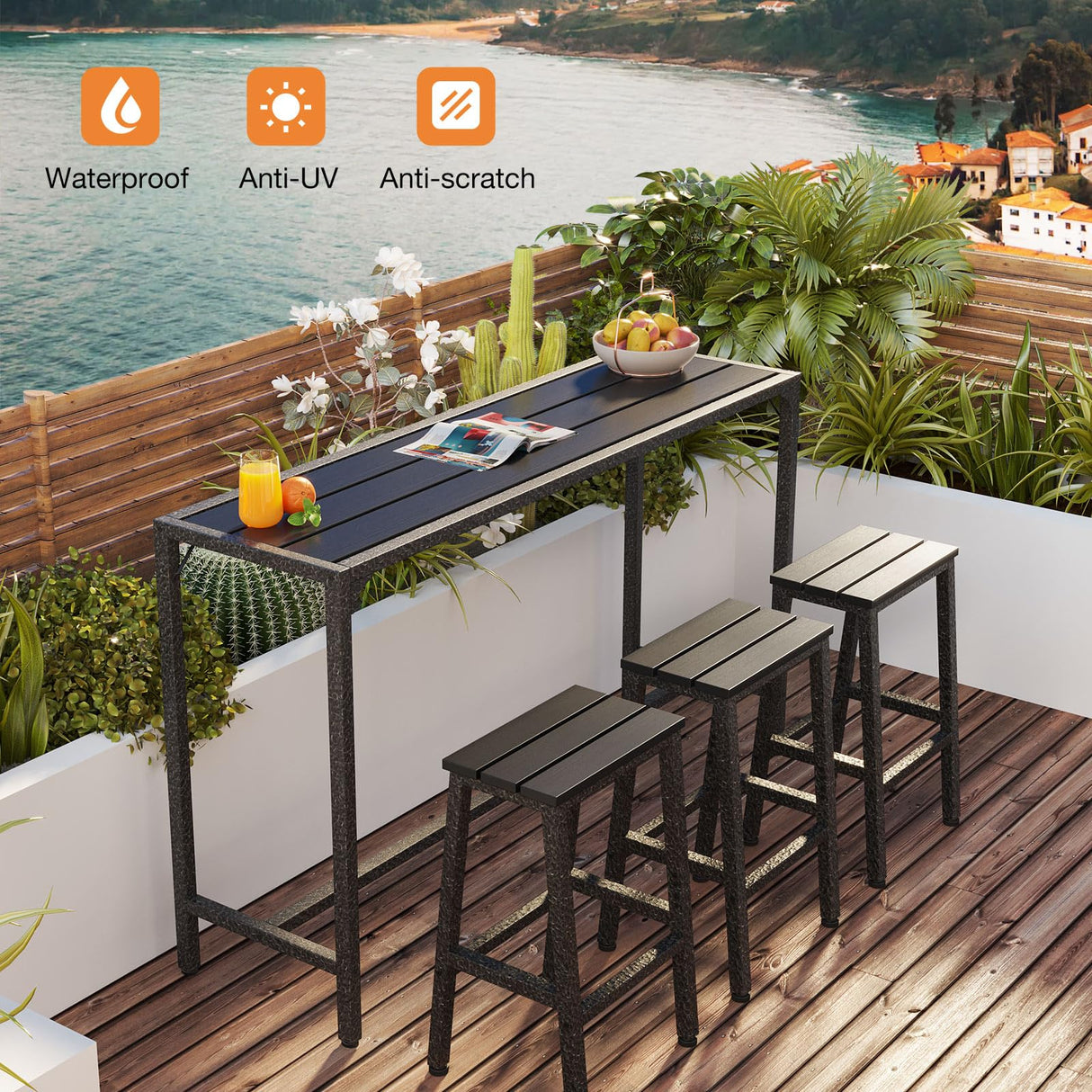 ODK 63 Inch Outdoor Bar Table, Patio Bar Height, Tall Bar Counter Pub Dining Table with Weather Resistant Waterproof Top for Hot Tub, Garden, Balcony, Poolside, Black ODK