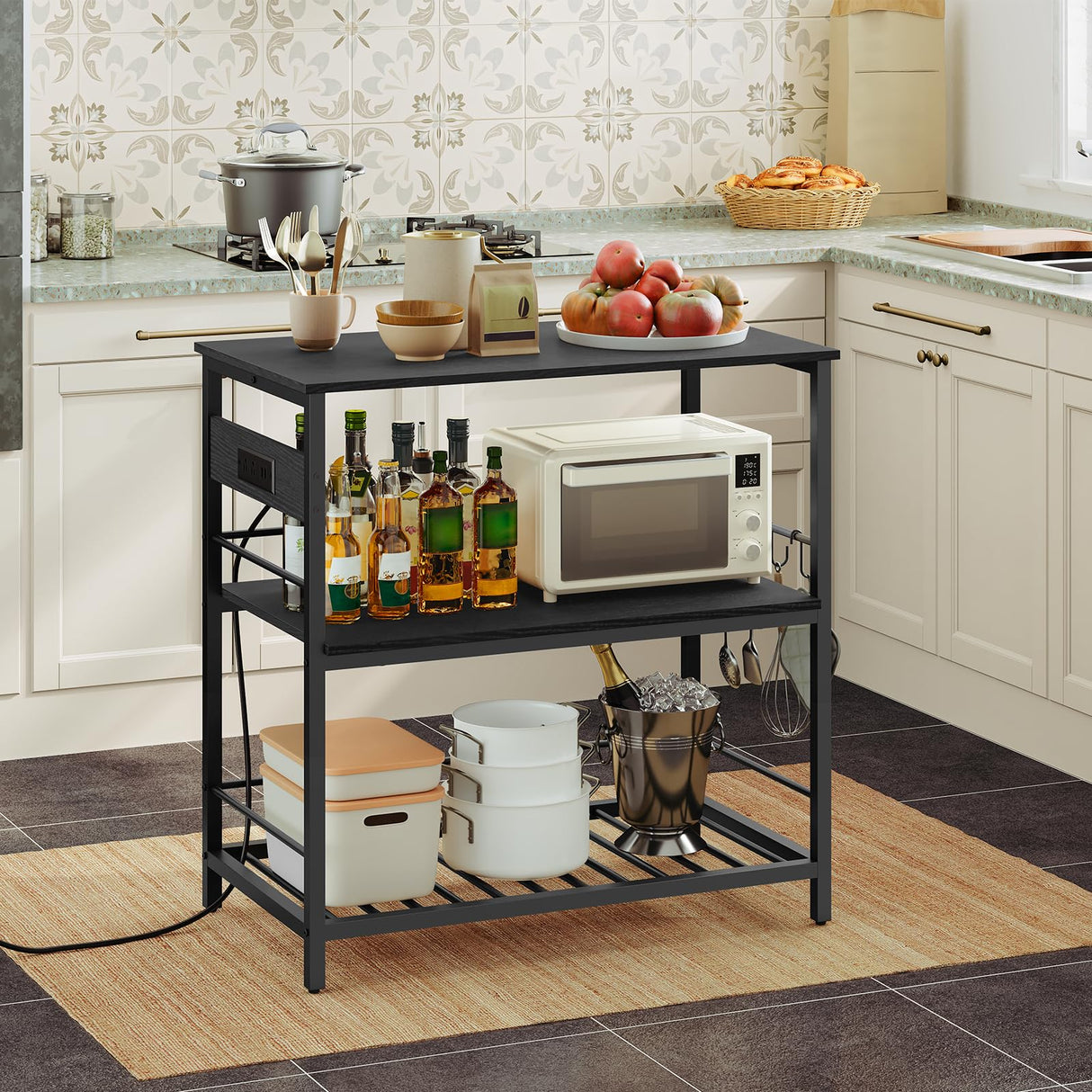 HOOBRO Kitchen Island with Storage, Kitchen Island Table with Power Outlet, 35.4" L 3 Tier Coffee Station and Microwave Stand, for Home, Kitchen and Dining Room, Black BB021ZD01 HOOBRO