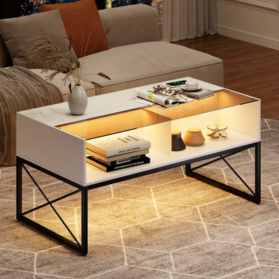 Glass Coffee Tables for Living Room, Grey Mid Century Modern Coffee Table with Storage, Smart Led Light Wood Coffee Table(White)