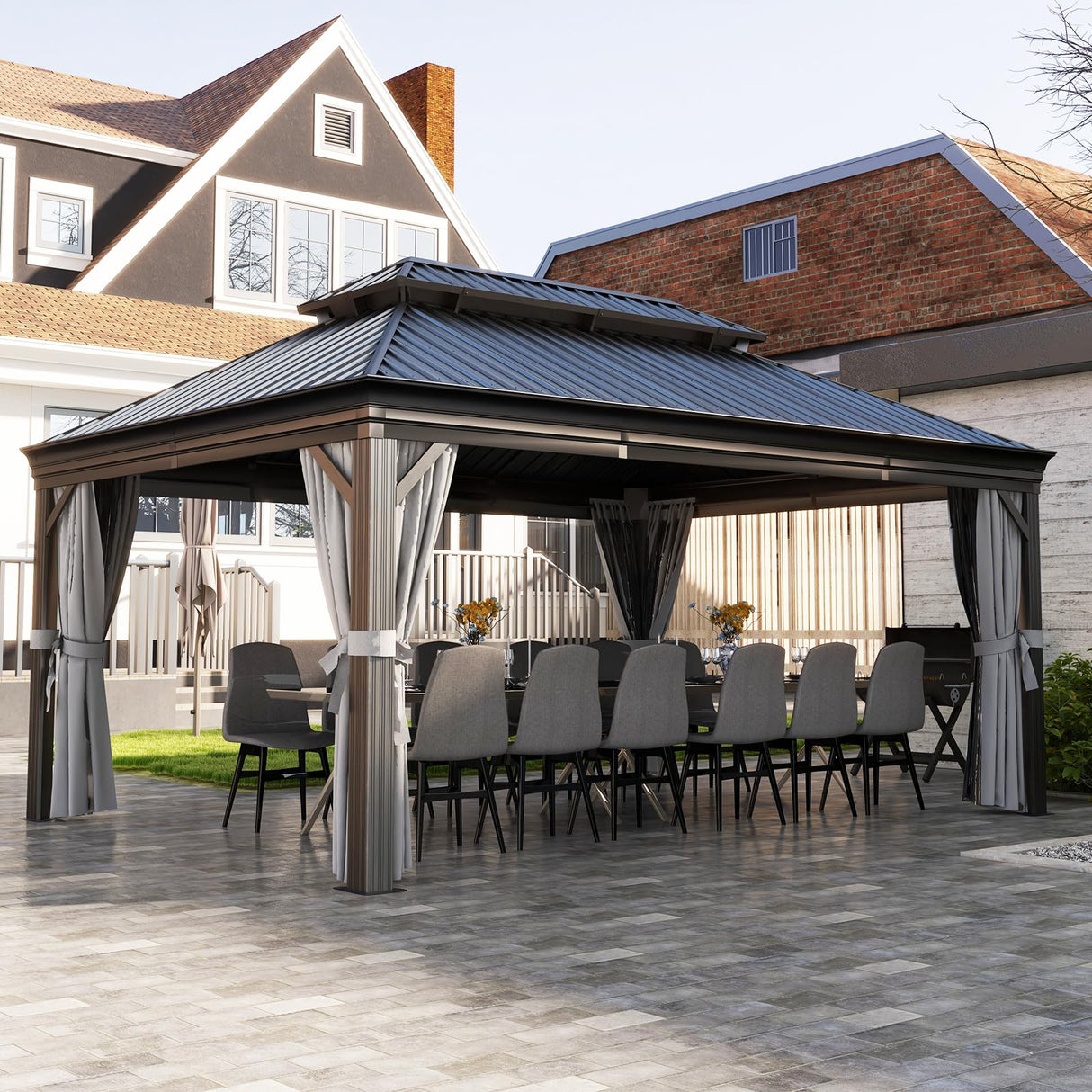 Aoxun 12' x 16' Permanent Hardtop Gazebo with Galvanized Steel Double Roof and Aluminum Frames Outdoor Large Pavilion Gazebo for Patio Deck Garden, Nettings and Curtains Included, Brown Aoxun