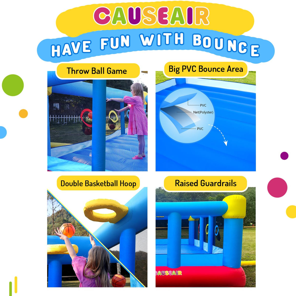 Causeair Big Inflatable Bounce House for Party Fun,15ft x 14.8ft,Double Basketball Hoop,Throw Ball Game,Reinforced PVC Bounce Floor,Jumping Bouncy Castle Holds 6 Kids causeair