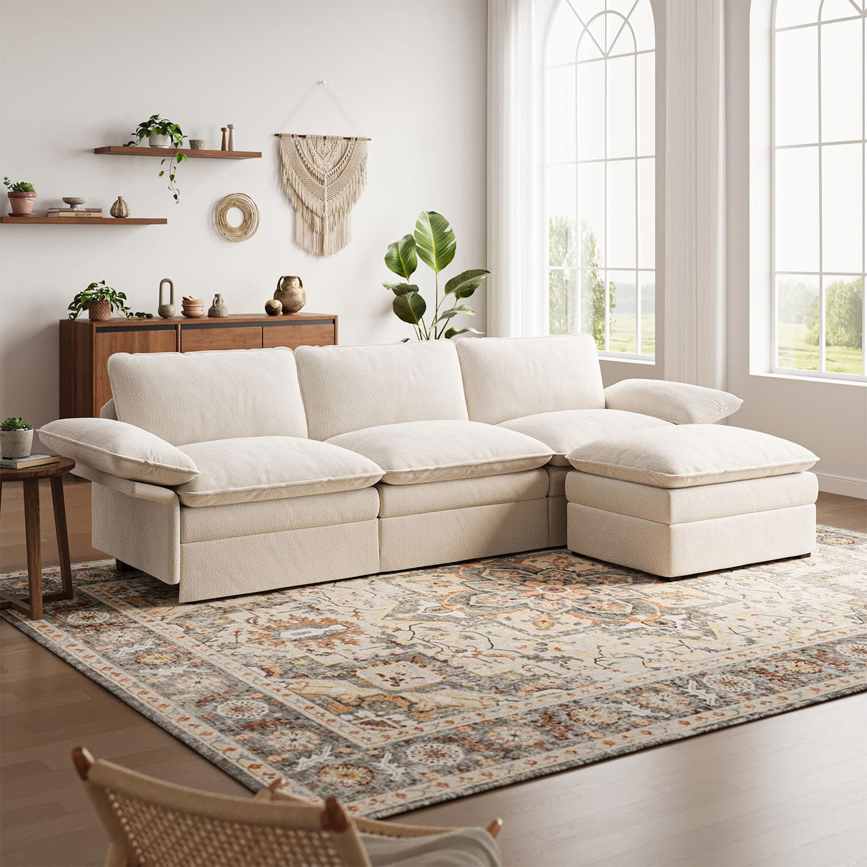 TROMIRY 110" Cloud Couch for Living Room Fluffy Comfy Couches for Apartment | 3 Seater Sectional Couch with Ottoman | Ivory White TROMIRY